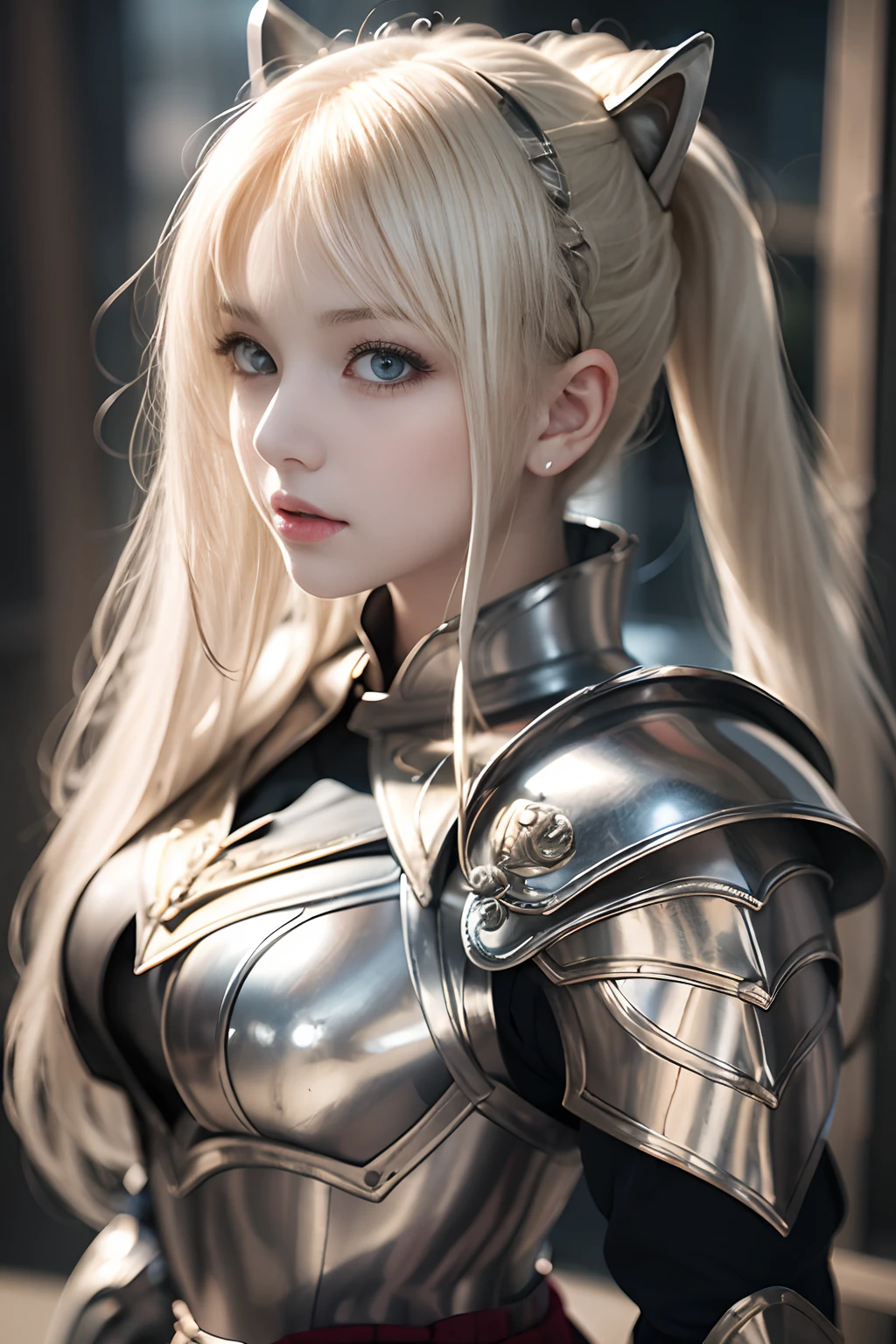 bright expression、poneyTail、Young shiny shiny white shiny skin、Best Looks、Blonde reflected light、Platinum blonde hair with dazzling highlights、shiny light hair,、Super long silky straight hair、Beautiful bangs that shine、Glowing crystal clear attractive big blue eyes、Very beautiful nice cute girl、Lush bust,Beautiful detailed eyes, beautiful detailed nose,(( Full body:1.25)),Makeup that the eyes emphasize、((Pleated skirt with many folds:1.3)),(Women like Joan of Arc:1.3)、(s Armor:1.3)、Knights, (With a sword and shield:1.2),Royal style,Comic style, , Sub-surface scattering, ornate detail, nature backdrop, Hyper-realistic, Cinematic, Dramatic Lighting, masutepiece、(Armor with a wolf motif)、(Wolf face in armor:1.5)、