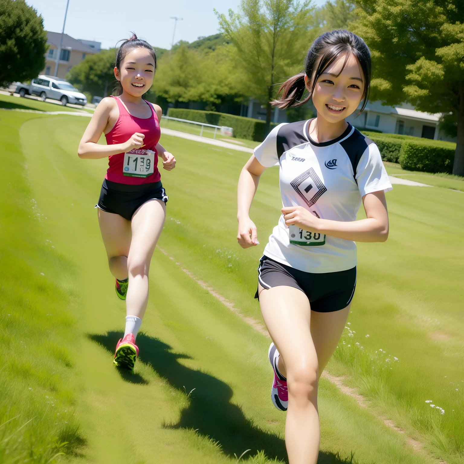 A girl runs on the grass,Smiling,比基尼