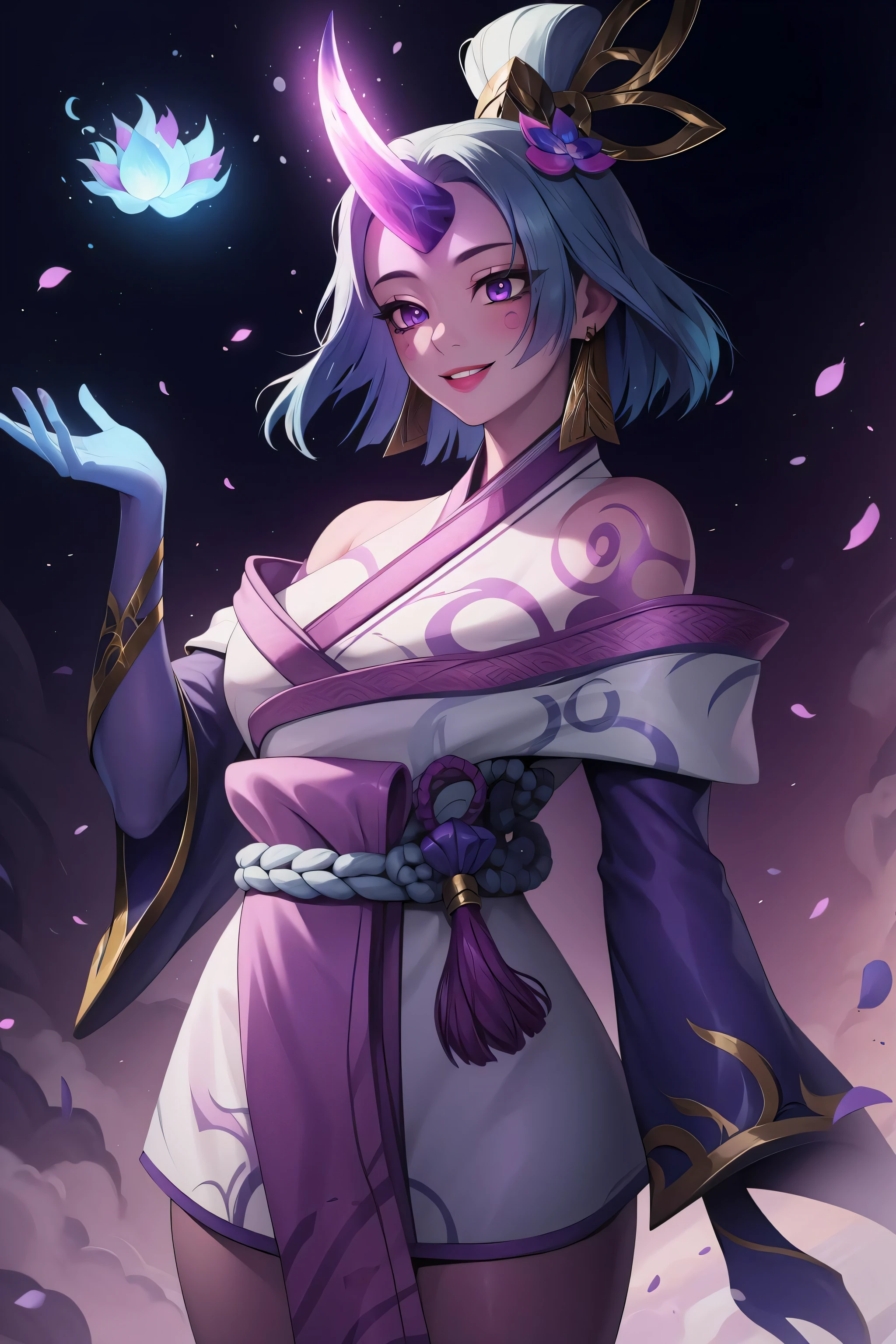 (masterpiece, best quality:1.2), intricate details, spirit blossom soraka, 1girl, purple skin, colored skin, single horn, kimono, hair ornament, bare shoulders, smile