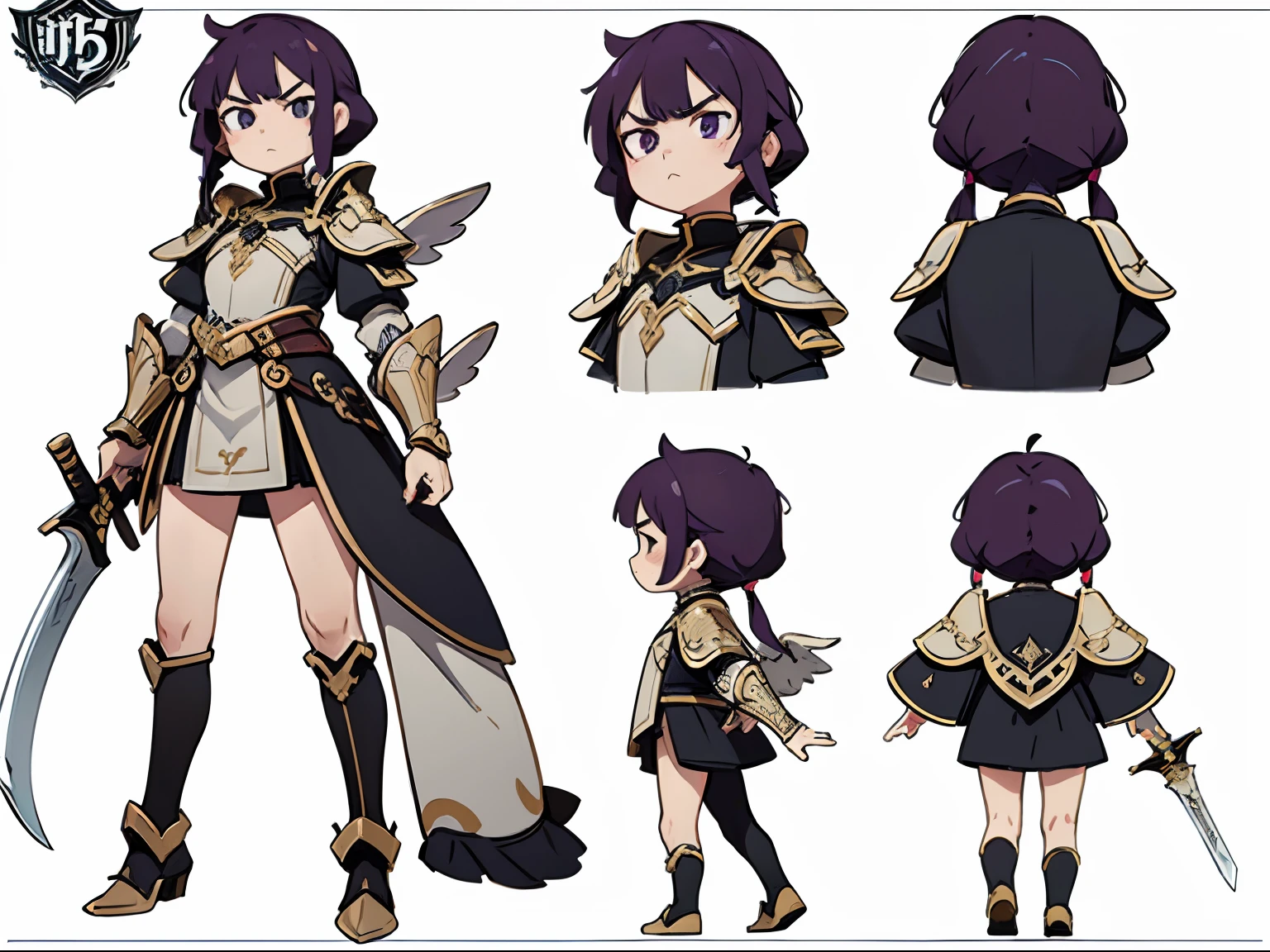 top-quality、​masterpiece、Angle from above、Looking at the camera、Different angles and dynamic action poses:1.8、wide-angle lens、(One Boy、full body Esbian、Concept sheet、nendoroid:1.5、Humanoid Monster):1.5、(angry looking face、Thick sheep horns、appearance々Hairstyle、Light purple hair、Gray skin、Intricately decorated armor、Hold a big sword):1.4、Circle of Angels、intense colors、White background