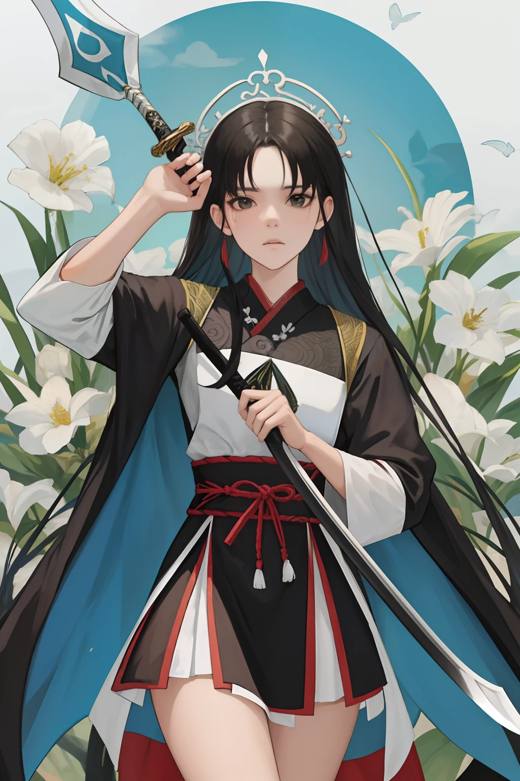 NSFW, obra-prima, melhor qualidade, ultra-detalhado, realista, detailedfacialfeatures, 2 mulher,deidade marcial,Mulher usando roupa ancestral wuxia,cabelos prateados longos,olhos negros,femea raposa,voluptuosa,seios grandes,9caudas,orelhas de raposa,muito bonita e sexy,arrogante,poderosa,standing holding a sharp long sword,ao seu lado duas raposas brancas.