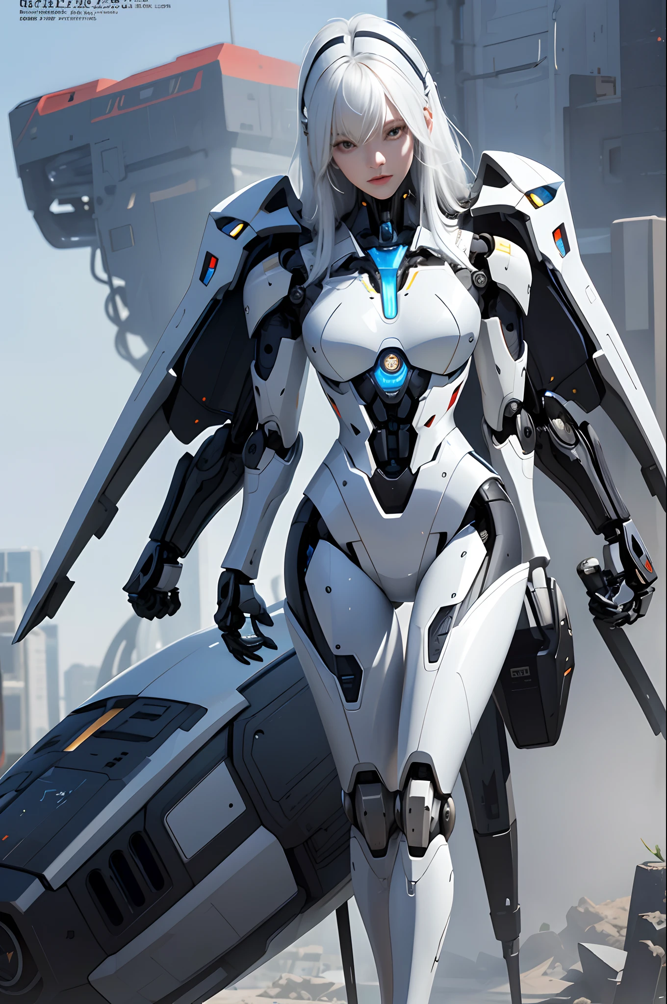 (magazine cover:1.3),ulzzang-6500, (realistic: 1.3) (original: 1.2), masterpiece, best quality, beautiful clean face, fullbody, ((robot girl, mecha)), broken armor, mechanical halo, mechanical arms, white hair, long hair, ceramic body, thigh gap, small breast, cyber background, extreme detailed city, (translucent body, reflection skin), 8k, best quality, ultra detailed, (hyperrealistic:1.4),