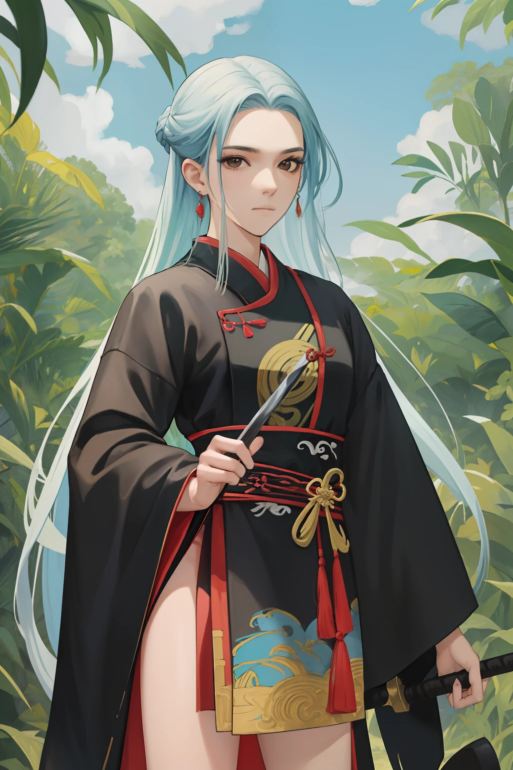 NSFW, obra-prima, melhor qualidade, ultra-detalhado, realista, detailedfacialfeatures, 2 mulher,deidade marcial,Mulher usando roupa ancestral wuxia,cabelos prateados longos,olhos negros,femea raposa,voluptuosa,seios grandes,9caudas,orelhas de raposa,muito bonita e sexy,arrogante,poderosa,standing holding a sharp long sword,ao seu lado duas raposas brancas.