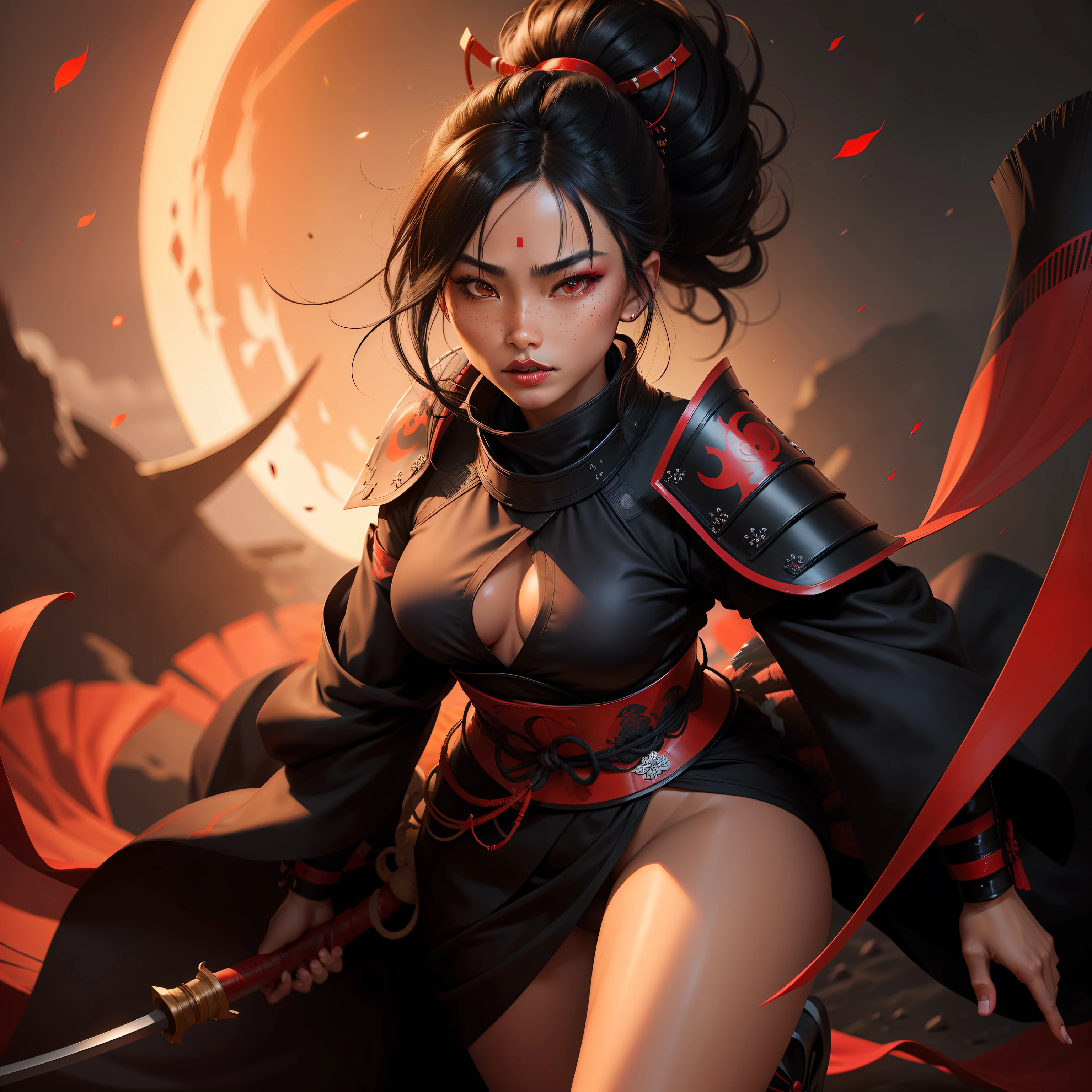 First Female samurai warrior, jet black hair, dark skinned tanned, red black, bright moon, freckles on the face, red lipstick, full body
