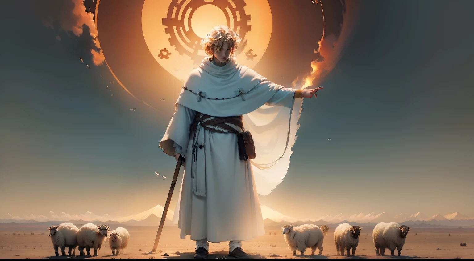 One was dressed in a white robe，Tall and tall，A shepherd boy with curly blonde hair，Standing on the Gobi Desert，Hold it in your hand《bible》，Eyes on his flock，Flocks of sheep eat scattered shrubs across the vast Gobi，The fiery red sun hangs in the sky。The shepherd boy is on the right side of the picture 1/3 places，The Gobi takes up more space。