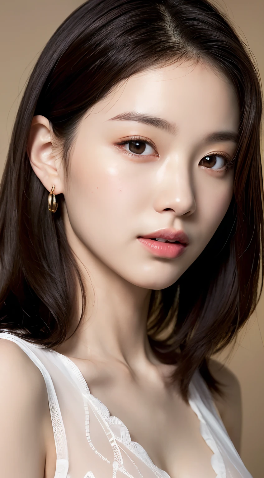(8k, RAW Photo, Best Quality, Masterpiece:1.2), Ultra Detail, Super Resolution, (Realistic, Realistic Photo:1.37), Portrait, High Detail RAW Color Photo, Professional Photo, Extremely Detailed and Beautiful, Extremely detailed, 8k wallpaper, amazing and detailed, huge file size, official art, highly detailed CG unity 8k wallpaper, highly detailed beautiful girl, highly detailed face, highly detailed eyes, highly detailed skin, highly detailed fingers, highly detailed nose, very detailed detailed mouth , perfect anatomy, highly detailed background, highly detailed clothes, 1girl, (20:1.2), 20s, cute girl, realistic body, petite, fair skin, glowing skin , slim body, handsome body, black hair , short hair, (blunt bangs:1.2), smile, cute, youthful, cute face, realistic face, delicate eyes, drooping eyes, lingerie, see-through, earrings, looking at viewer, cowboy shot, facing front, standing posture, Contraposto, dynamic lighting, very large breasts, cowboy shot