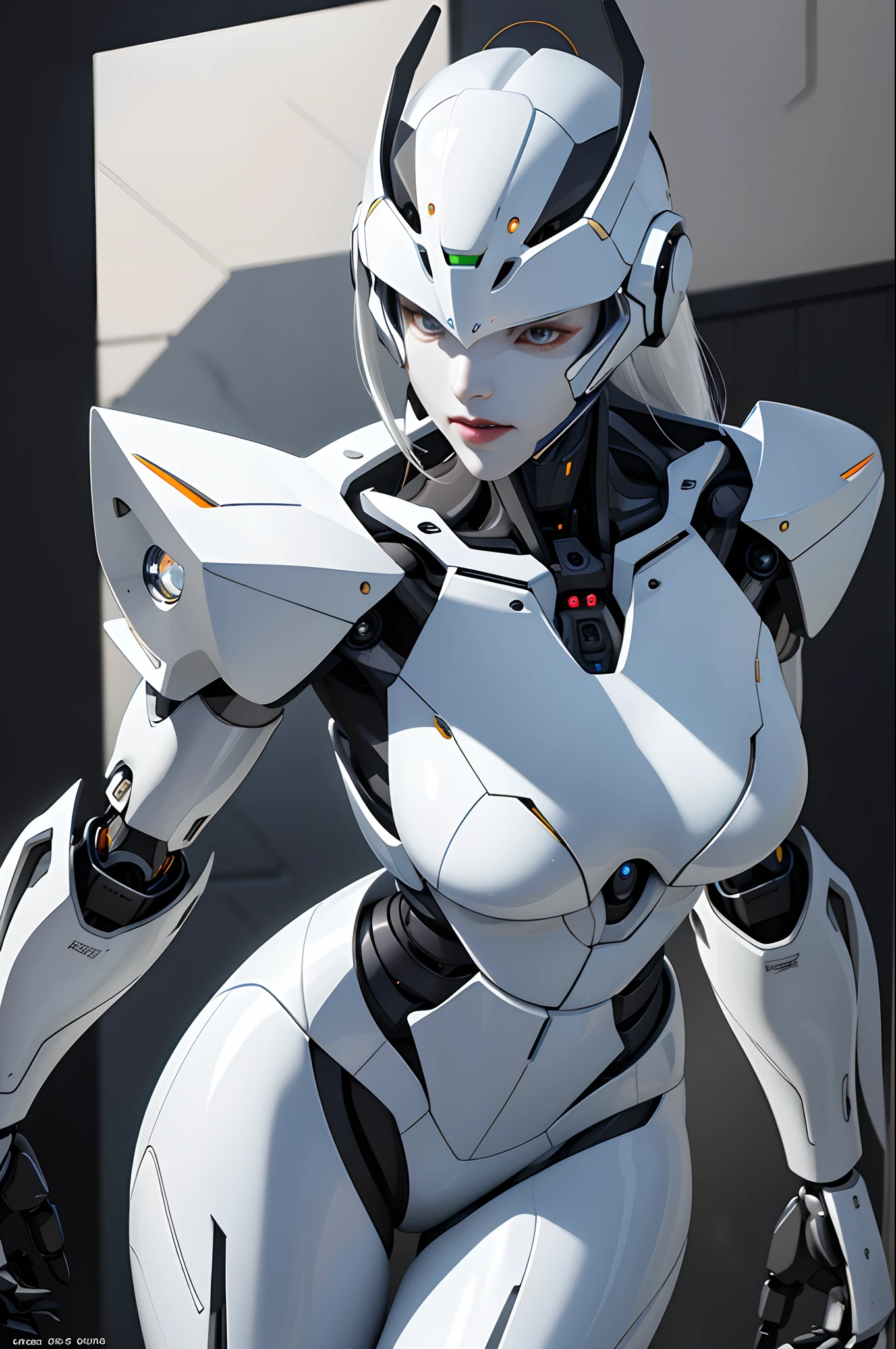 (magazine cover:1.3),ulzzang-6500, (realistic: 1.3) (original: 1.2), masterpiece, best quality, beautiful clean face, fullbody, ((robot girl, mecha)), broken armor, mechanical halo, mechanical arms, white hair, long hair, ceramic body, thigh gap, small breast, cyber background, extreme detailed city, (translucent body, reflection skin), 8k, best quality, ultra detailed, (hyperrealistic:1.4),