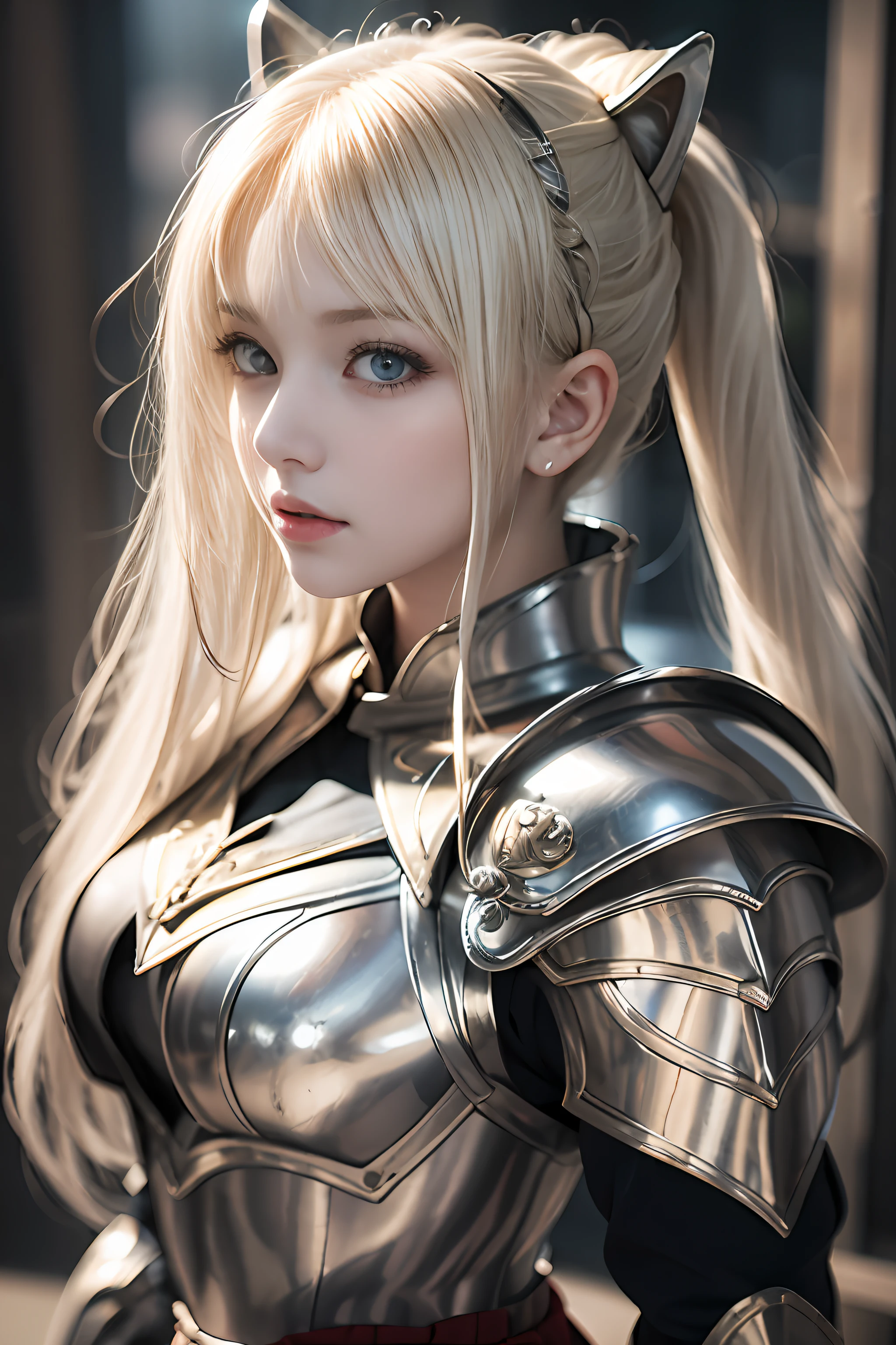 bright expression、poneyTail、Young shiny shiny white shiny skin、Best Looks、Blonde reflected light、Platinum blonde hair with dazzling highlights、shiny light hair,、Super long silky straight hair、Beautiful bangs that shine、Glowing crystal clear attractive big blue eyes、Very beautiful nice cute 16 year old girl、Lush bust,Beautiful detailed eyes, beautiful detailed nose,(( Full body:1.25)),Makeup that the eyes emphasize、((Pleated skirt with many folds:1.3)),(Women like Joan of Arc:1.3)、(s Armor:1.3)、Knights, (With a sword and shield:1.2)，Royal style，Comic style, , Sub-surface scattering, ornate detail, nature backdrop, Hyper-realistic, Cinematic, Dramatic Lighting, masutepiece、(Armor with a wolf motif)、(Wolf face in armor:1.5)、