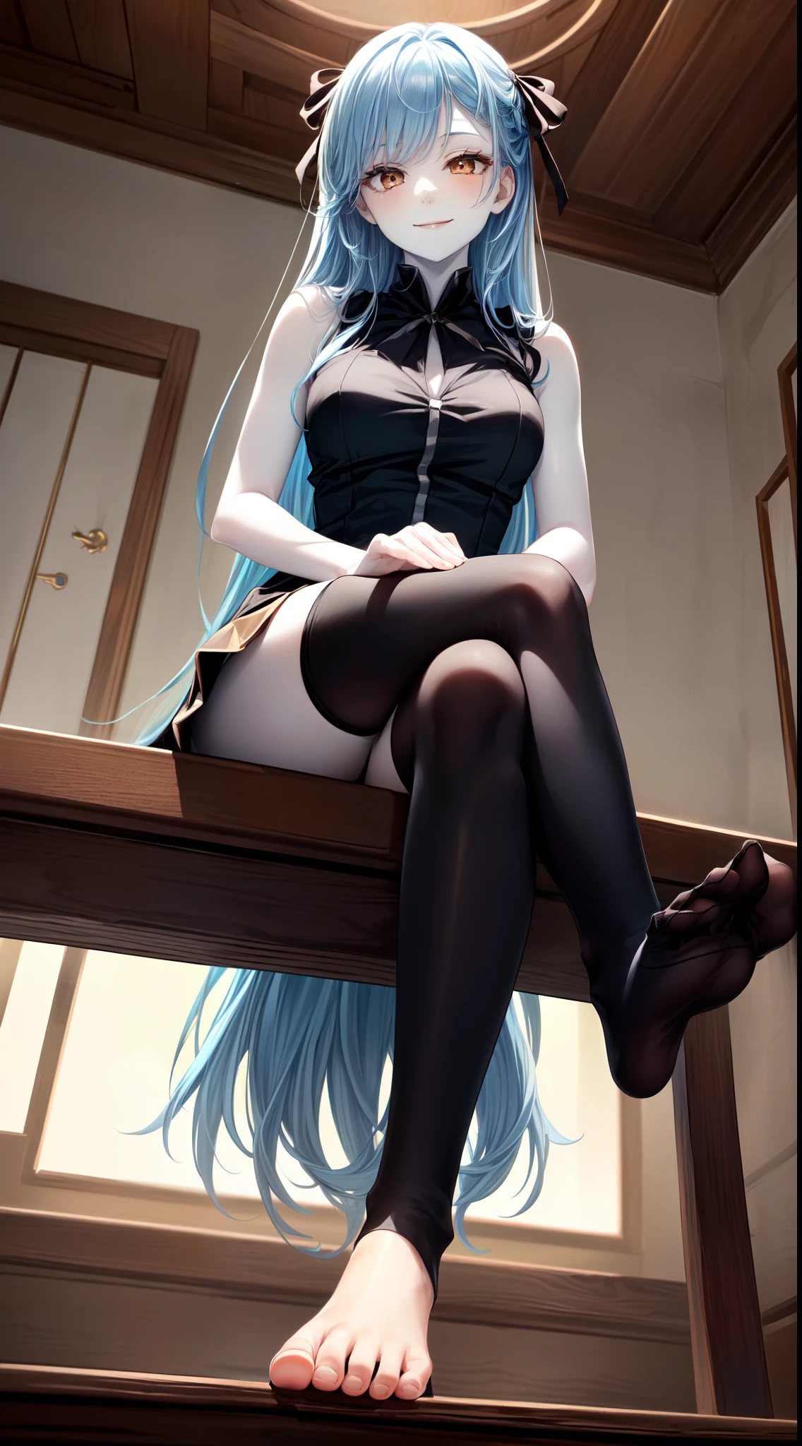 ((from below, (black thighhighs), showing foot to viewer, (foot focus), (presenting foot), looking at viewer, from below, ((hand on own thigh)), eyelashes, (pale skin:1.5), anime style, masterpiece, 8k, sharp details, 1girl, solo, light blue hair, full body black dress with skirt, mature female, medium breasts, black side twin hair ribbon, brown eyes, long hair, sleeveless, closed mouth, crossed legs, smile, sitting