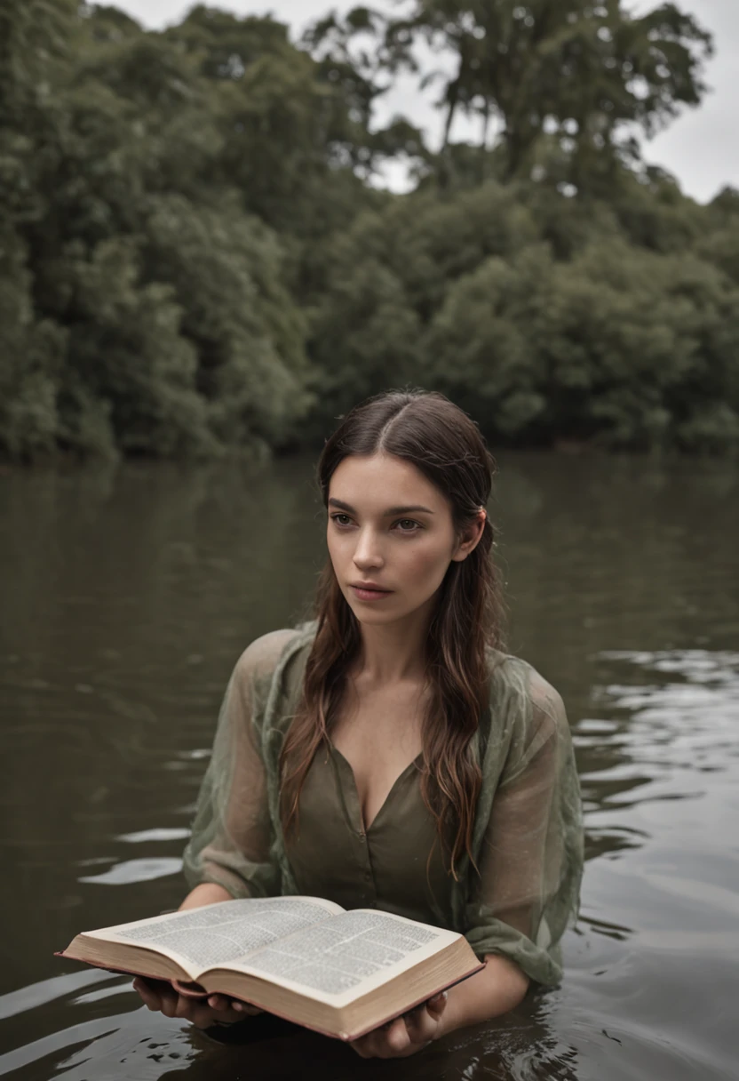 Woman in water holding a book in her hands, Retrato hiper-realista em um rio, Nadav Kander, alessio albi, retrato do livro, em um lago