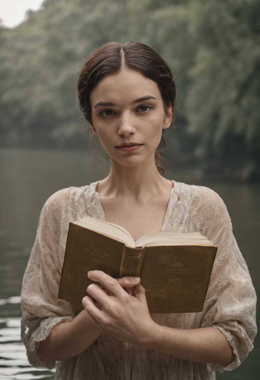Woman in water holding a book in her hands, Retrato hiper-realista em um rio, Nadav Kander, alessio albi, retrato do livro, em um lago