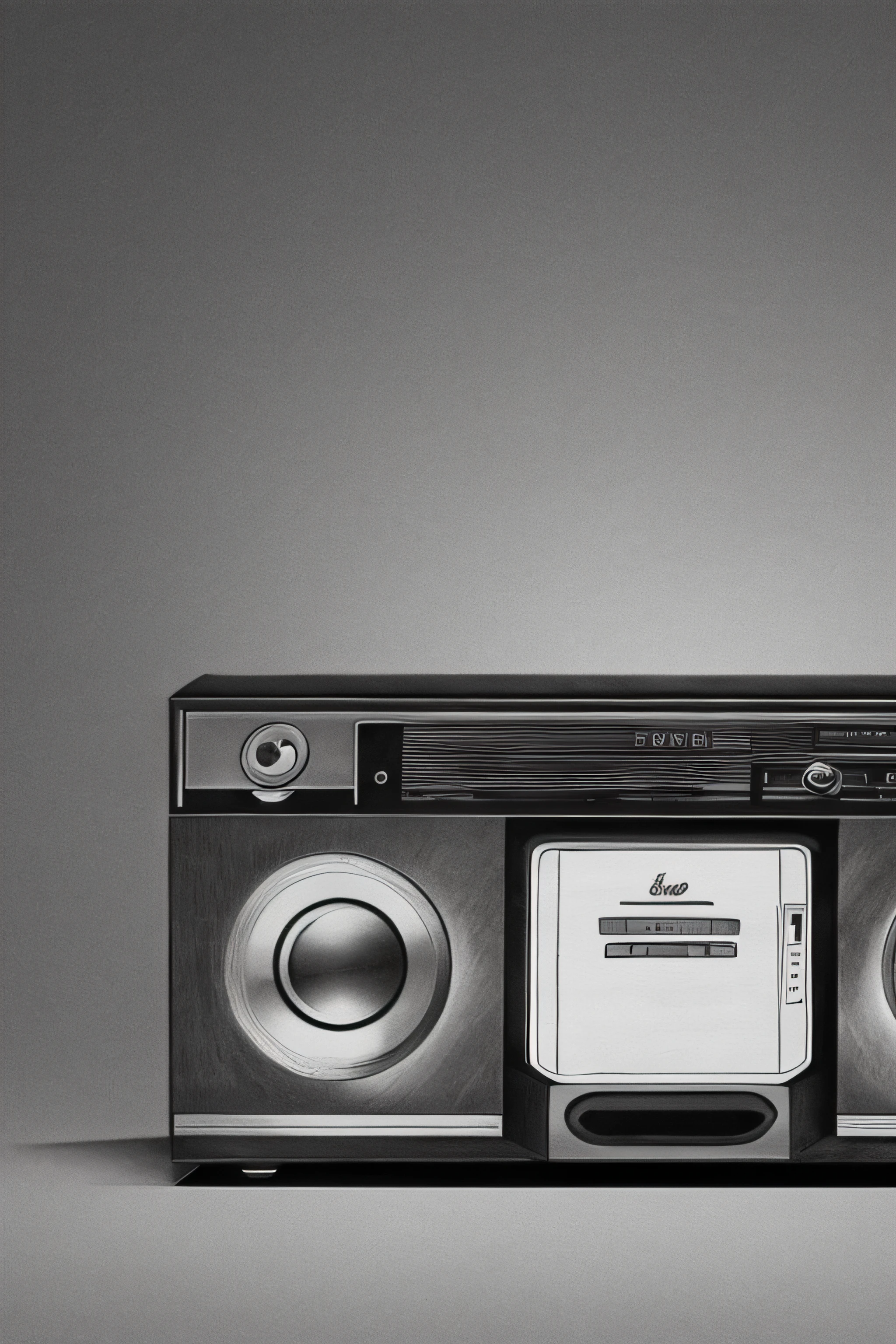 pencil drawing of a boombox sitting on a table, straight on, facing toward camera, full shot