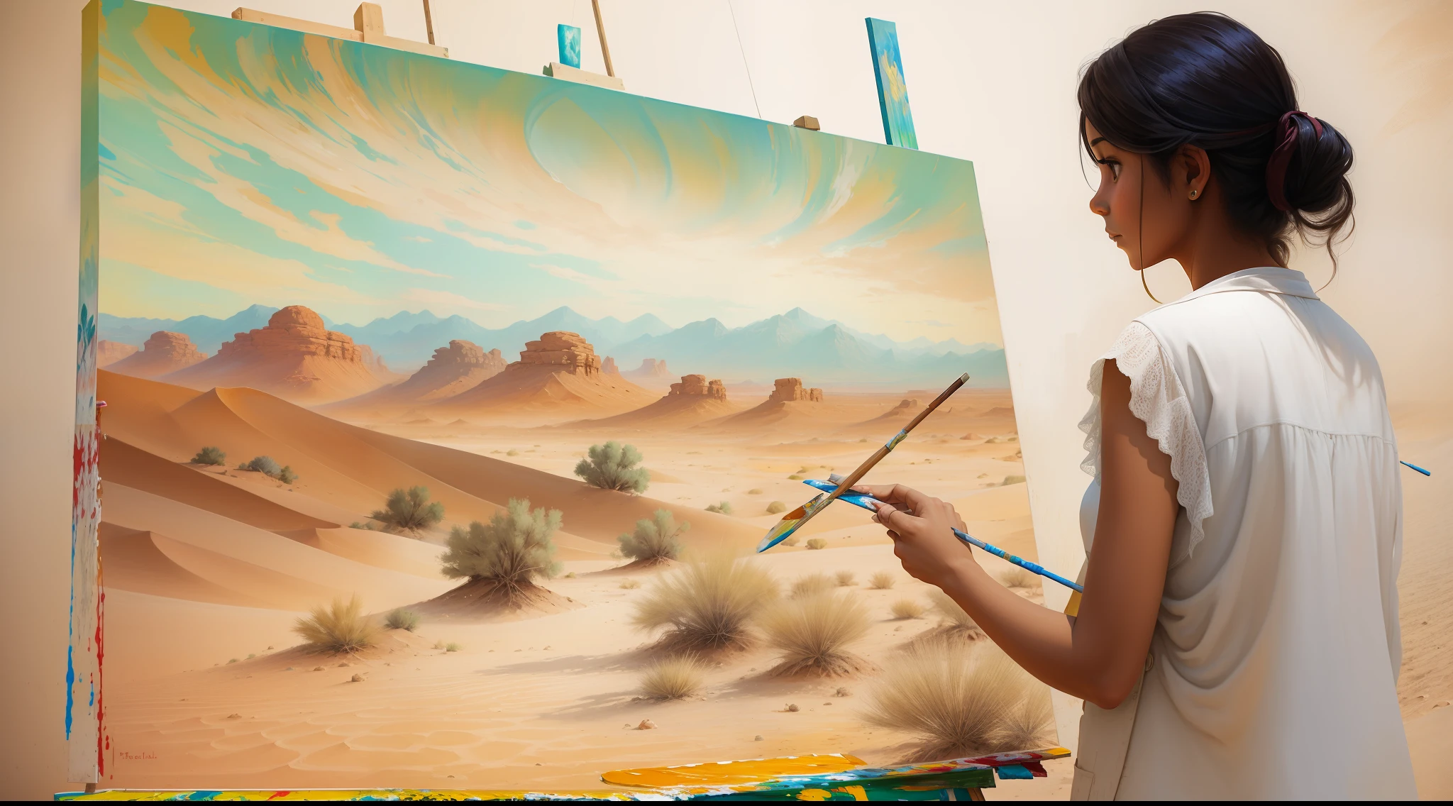 A female painter stands and paints a painting,The painting depicts an oasis in the desert,hentail realism