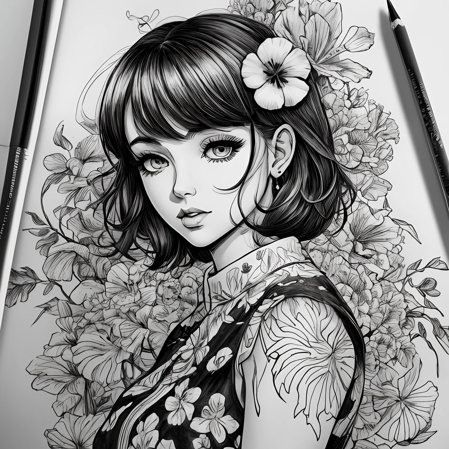 Black and white stick figure girl with hibiscus flower in background, loli in dress with flowers, its fine ink line art, comic style, portrait of ploynesian girl, Marilyn Munroe, Hollywood glam, beautiful line art, black and white comic style, manga style, manga art style, pencil and ink caricature drawing, black and white coloring --auto --s2