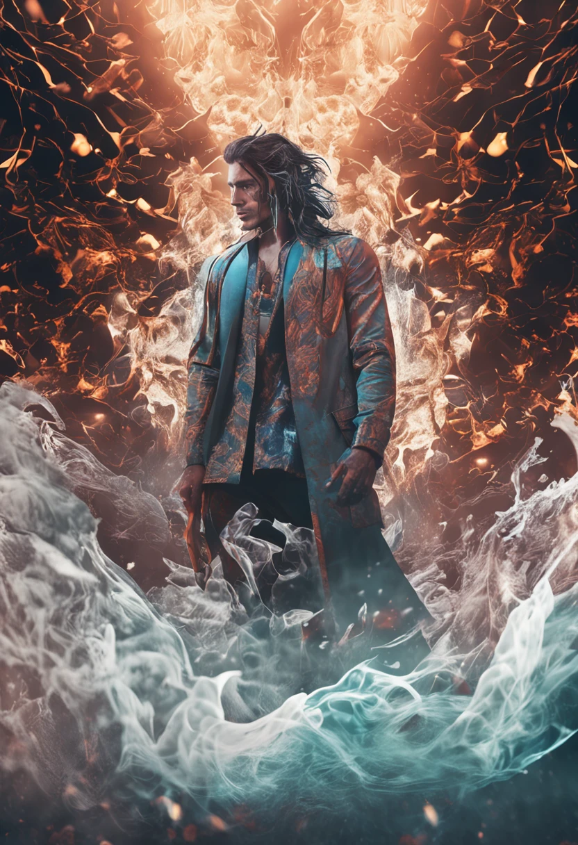 Asian handsome，perfect bodies，handsome man with long hair，ModelShoot style, (Extremely detailed Cg Unity 8K wallpaper), A chaotic storm of intricate liquid smoke in the head, Stylized beautiful full-length abstract portrait, wetted skin, author：Petros Afshar, ross tran, tom whalen, Peter Mohrbacher, Art germ, Broken glass, ((bubbly underwater scenery)) Radiant light octane rendering is highly detailed