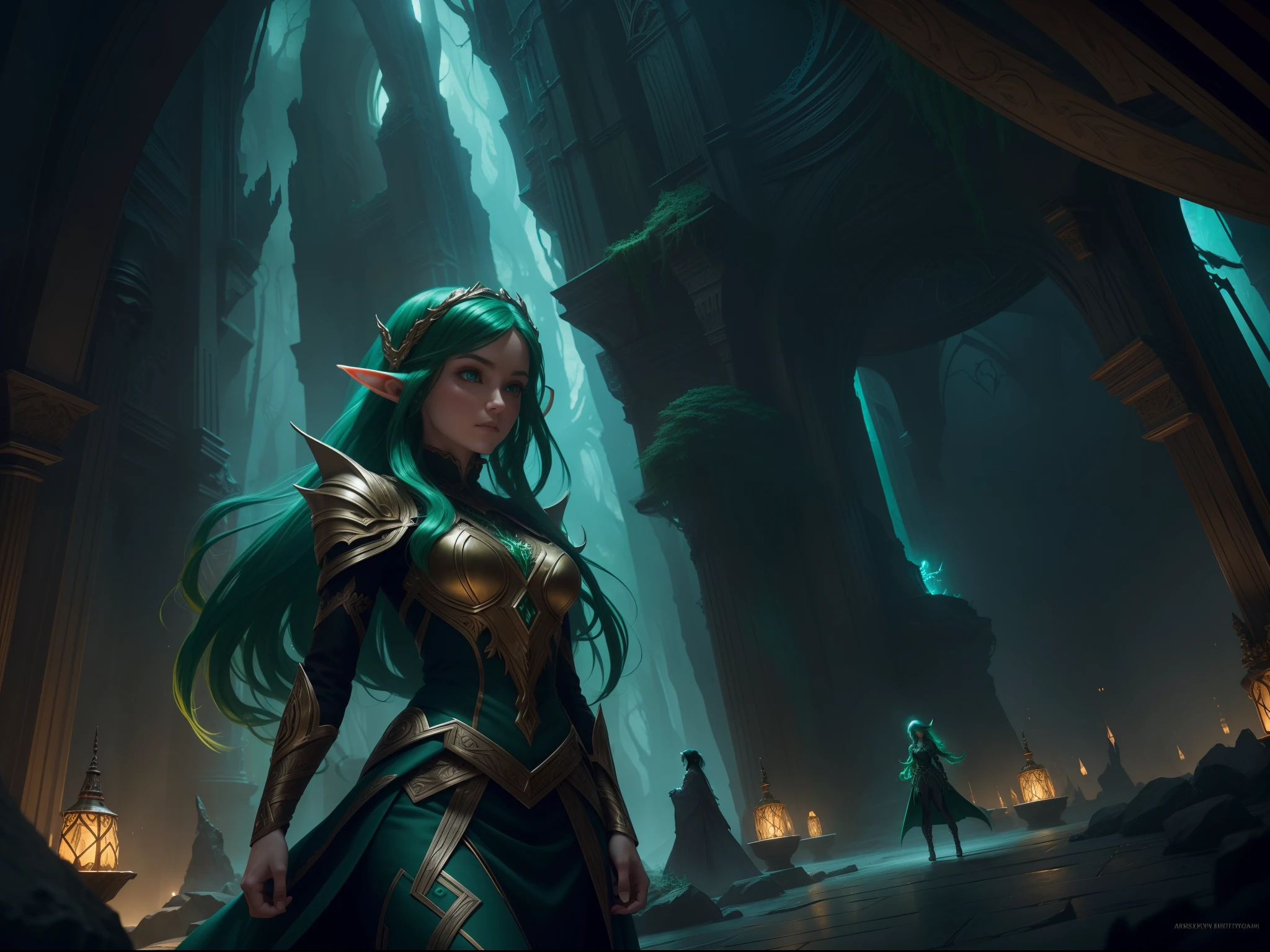 elves inside the metaversegorgeous, intricate, dark, highly detailed, sharp focus, intricate concept art, digital painting, ambient lighting, 4 k, hdt, artstation trending on gsociety, trending on artstationhq, trending on deviantart, professionally post - processed, wide - angle action dynamic portraithyperdetailed, hyper quality , women, green hair