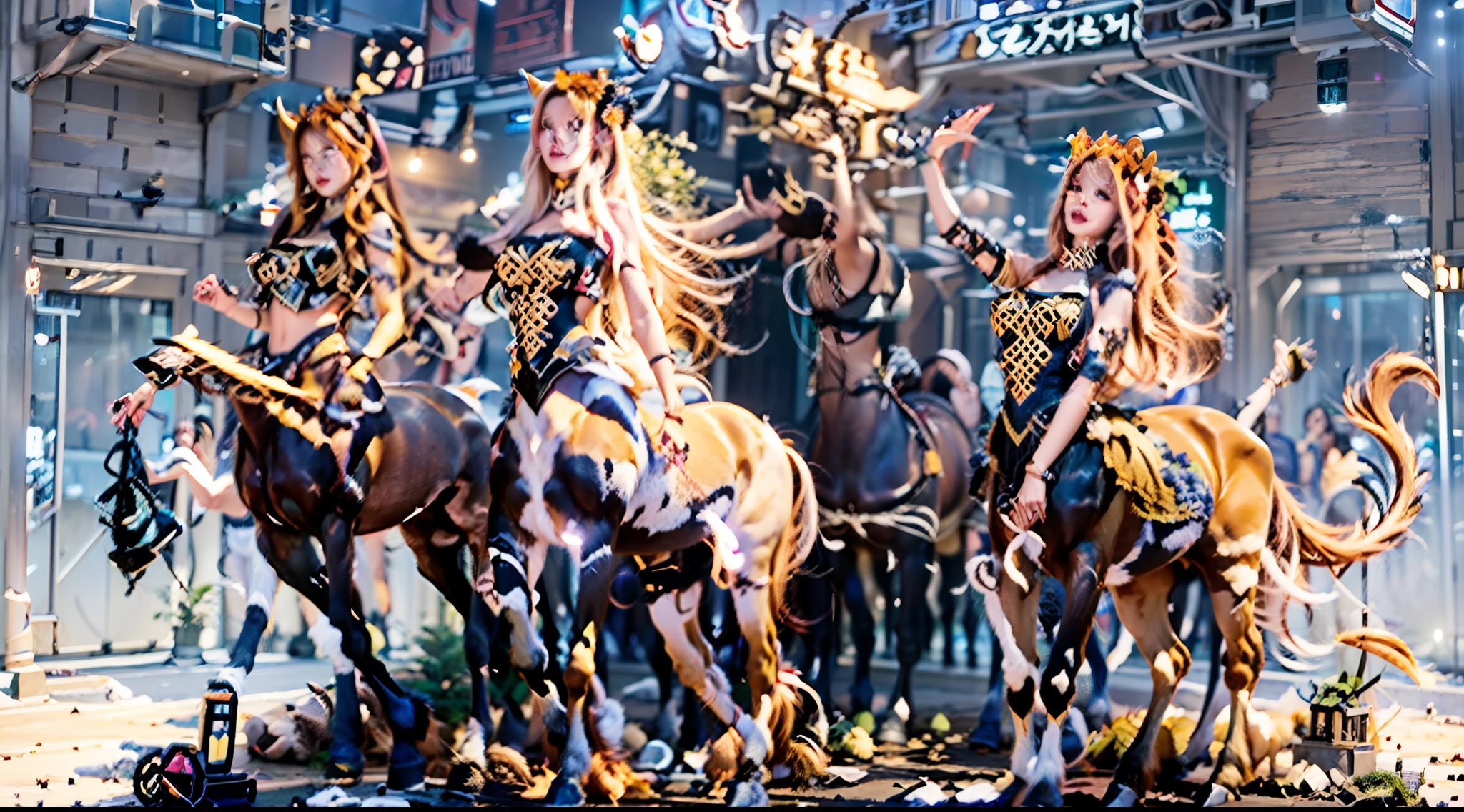 In the beautiful illustration of this super-grand scene，The ultra-long-range lens is shown（Eight unique centaur characters：9.9），They all have their own characteristics，Vivid and interesting。Radiant angelic centaurs from the heavenly realm，To the hellish centaurs surrounded by nightmarish flames，And then to the Wind Immortal Centaur dancing in the air，There are also one-horned centaurs surrounded by thunder and lightning，and mechanical centaurs that shine with metallic light，And then to the powerful dragon centaur with colored dragon scales covering the whole body，The elegant and agile elf centaur always wears a flower crown with its slender and graceful lines，Enchanting and charming Tiflin centaurs。Each character has their own unique charms and abilities。The illustration uses advanced artistic techniques and tools，（Divide the scene into sections by geometric arrangement：9.9），Each section corresponds to a centaur character，This makes more efficient use of space。Through Midjourney's advanced brush tools、Color palette、Material packs and model packs，Exquisite costumes and equipment are designed for each centaur，Enhances the character's personality and visual appeal。The scenery in the illustrations is stunning，There are changing skies、rainbowing、extreme light、Stars and Moon。Incorporating iconic landmarks such as Mount Everest，and fireworks、tranquil lake、Natural and urban elements of waves and neon lights，Creates a magical atmosphere。The centaurs showed off their skills and equipment in a variety of environments，This is true even in extreme alien landscapes。（Use Midjourney's tools、Material packs、Texture tools、The color palette makes depicting details vivid and realistic：9.9），From intricate hairstyles and clothing to authentic textures，Enhances the realism of the characters and surroundings。The fusion of multiple art styles adds movement to the centaur's movement at all angles，The overall visual experience is further enriched。The final illustration was described as a "mast