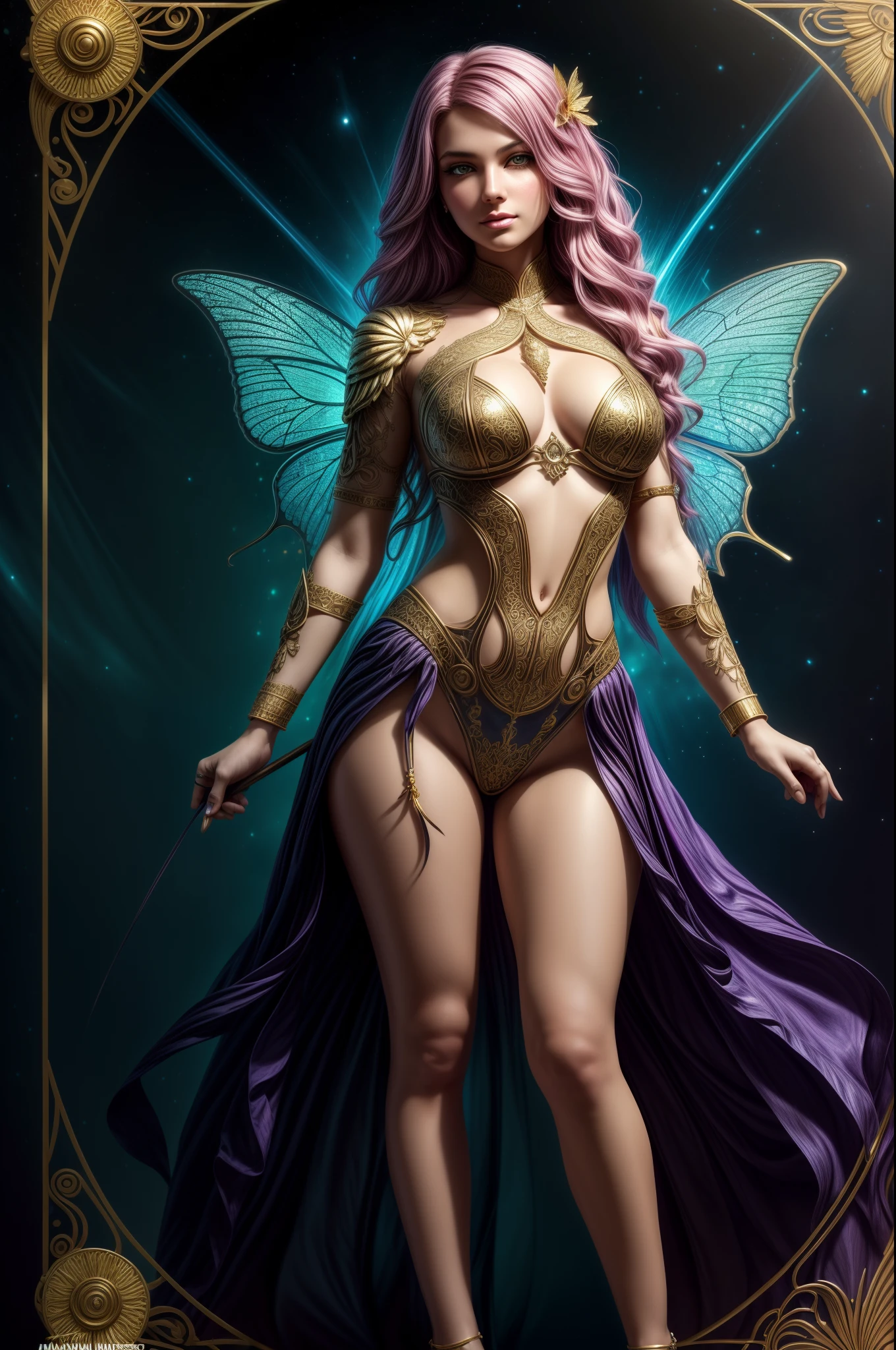 (masterpiece), (best quality), (ultra-detailed), (masterpiece:1.2), (best quality), (ultra-detailed)tattooed futuristic latina milf fairy, full body length standing of a photorealistic beautiful woman, character sheet, proportionate, intense coloration fantasy, light hair, a stunning realistic photograph 20 years, bubblegum pink colored hair, upper-class fashion, green color eyes, full body, cover, dress design has fractal pixy dust and tiling features, hyperdetailed painting, luminism, octane render, Bar lighting, complex, {{Martin Ansin}}, 8k resolution concept art portrait by Martina Fačková and Prywinko Art, Artgerm, WLOP, Alphonse Mucha, little fusion pojatti realistic steampunk, fractal isometrics details bioluminescence: hyperrealistic cover photo awesome full color, hand drawn, dark, gritty, realistic Mucha, Klimt, DaVinci, erte . elegant, highly detailed, majestic, digital photography, art by artgerm and ruan jia and greg rutkowski surreal painting gold butterfly filigree, broken glass, (masterpiece, sidelighting, finely detailed beautiful eyes: 1.2), hdr, (detailed background window to a new dimension, plants and flowers:0.7) infinity, infinite symbol,12k, intricate. hit definition, cinematic, Rough sketch, the mix of bold dark lines and loose lines, bold lines, on paper, real-life human, bold colors on dresses.,Indian,Btflindngds,