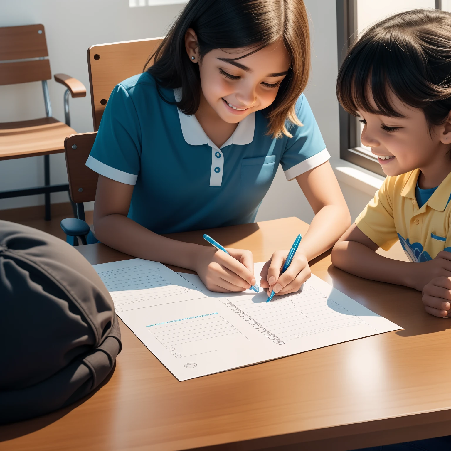 Imagine a lighted therapeutic office environment, com cores suaves e uma atmosfera acolhedora. No centro da sala, There is a table with puzzles and learning materials. Um terapeuta, usando um distintivo uniforme, is sitting in a chair next to the table, smiling warmly at a child, who is sitting in front of you.

the child, com entusiasmo, is involved in a puzzle activity. The therapist is closely watching the child's actions and taking notes on a notepad. As the child completes parts of the puzzle successfully, The therapist offers enthusiastic praise and positive reinforcement, como aplausos ou adesivos, para incentivar o comportamento desejado.