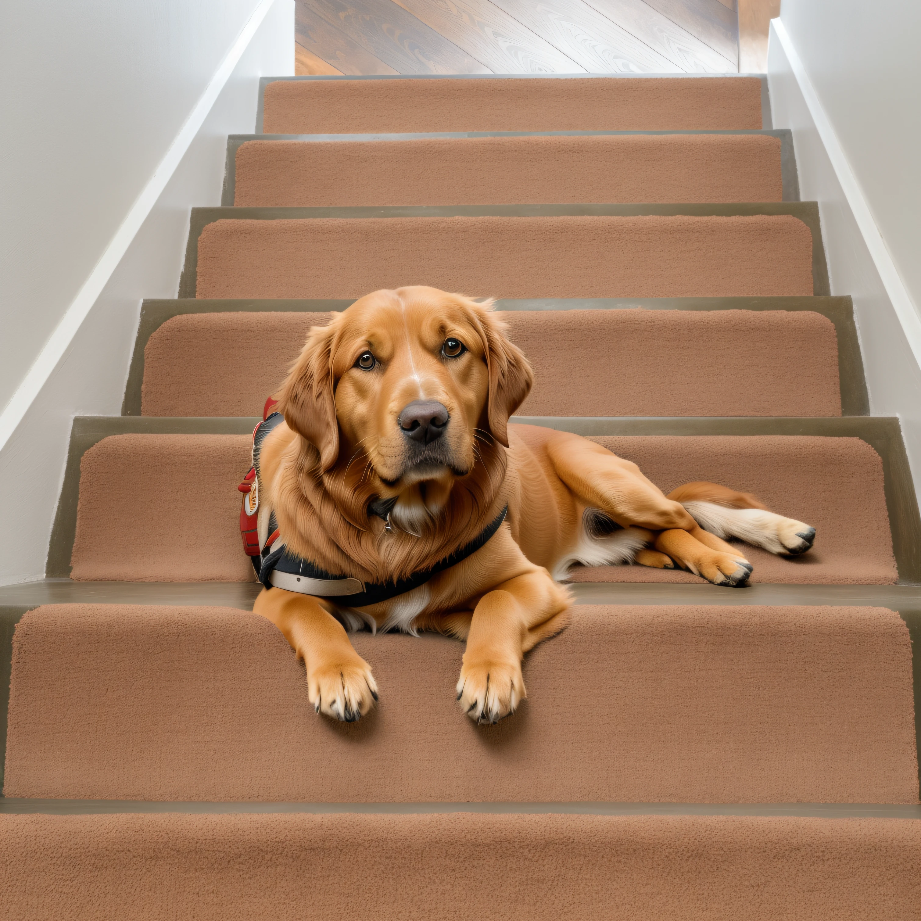 There was a dog lying on the stairs, Winston, Stable appearance, Copper, rich details​, Regal, flex, In the spotlight, Daisies, caesar, carpets, with blunt brown border, Brutus, stairways, true realistic image, photo taken with provia, big breasts beautiful, coming down the stairs, 1 staircase, foam, sepia tone