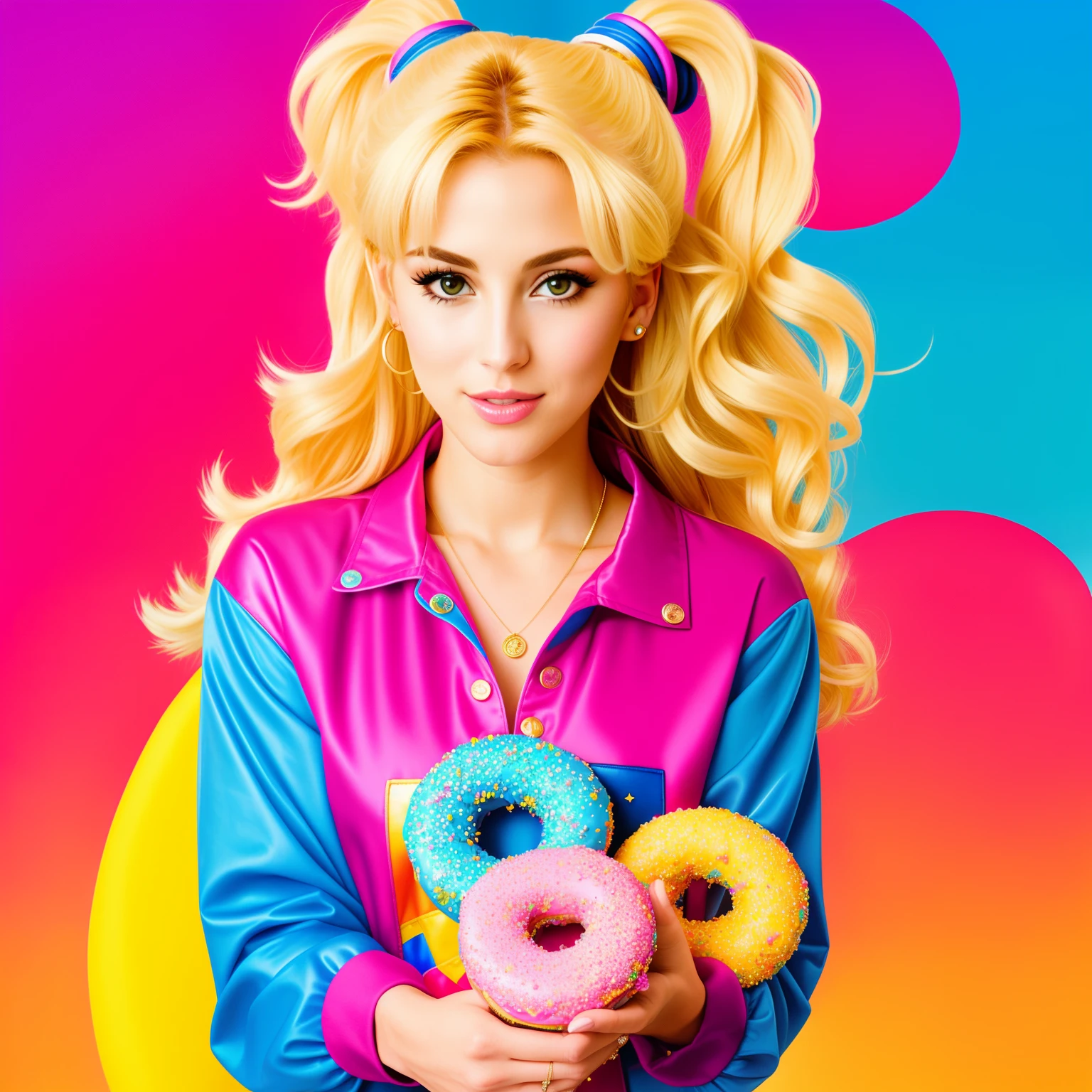 "(Mature and realistic portrayal:1.2) Sailor Moon exuding confidence as she holds a microphone, her blonde hair cascading down, adorned in stylish rainbow denim clothes from the 2000s, with a backdrop filled with donuts."