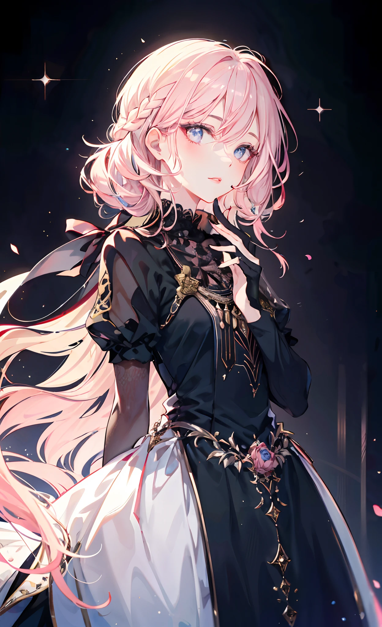 meticulous portrayal of face,1 noblewoman,a matural female,Black dress long dress,(Pink White Long Hair),(dark night background+),Prom,Regalia, s the perfect face, perfect hand, Perfect Finger, Perfect lips, perfect eyes, Perfect background