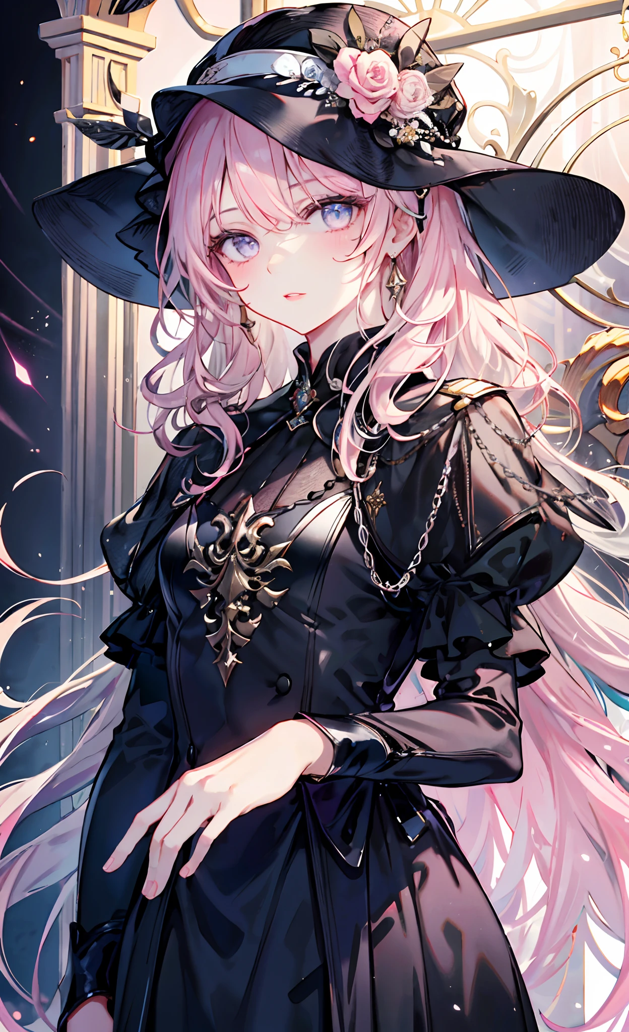 meticulous portrayal of face，1 noblewoman，a matural female，Black dress long dress，(Pink White Long Hair)，(dark night background+)，Prom，Regalia，  s the perfect face， perfect hand， Perfect Finger， Perfect lips， perfect  eyes， Perfect background