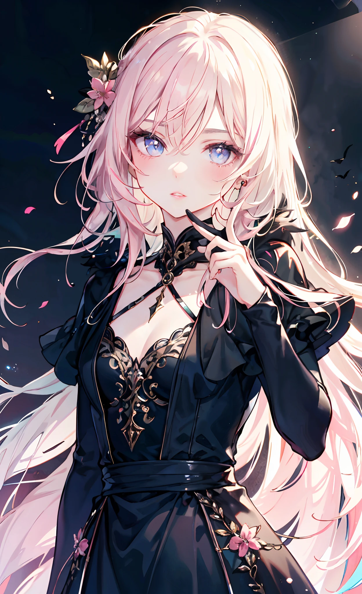 meticulous portrayal of face,1 noblewoman,a matural female,Black dress long dress,(Pink White Long Hair),(dark night background+),Prom,Regalia, s the perfect face, perfect hand, Perfect Finger, Perfect lips, perfect eyes, Perfect background