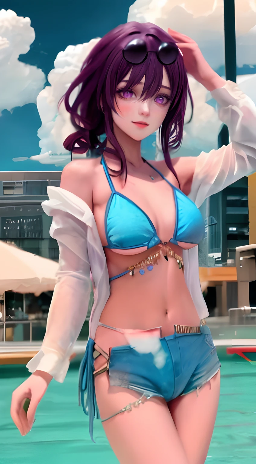 masterpiece, best quality,kfk, 1girl, bangs, bare_shoulders, breasts, , large_breasts, long_hair, bikini, purple_eyes, purple_hair, summer hoodie, solo,viewer,sunglasses,bikini, (sun, cloud,renaissance city around water,outdoors :1.1),rendered in blender((isometric)),