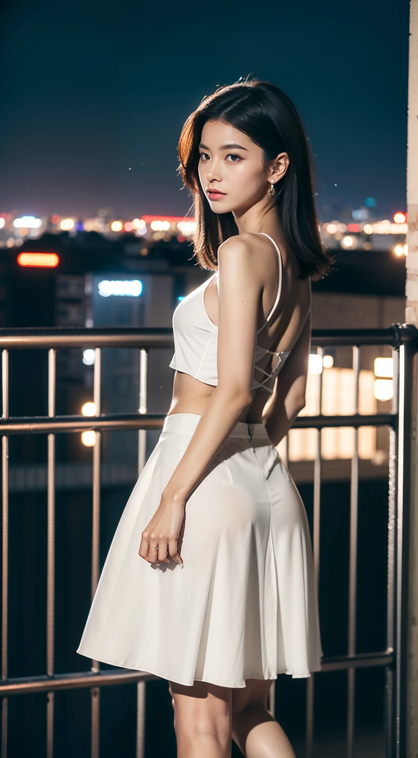 （8K分辨率，Vista full body back photo，Back capture），（1womanl，20yr old，（Look into the distance without looking at the camera），Delicate and sexy back，Windswept hair，Fair smooth skin，（Best Skin Type：1.21），The back is rich in detail，（Butterfly bone），captivating curves，（Classic slip hip skirt：1.4，（Extensive bare back，Thin wire links the blouse）），（Attractive long legs），bangle，Delicate Roman heels，Tall figure，Walking artwork，perfect hand，Ultra-fine clothing material），（Balcony on the upper floor，City night background，Exquisite environmental details），（Professional lighting，动态照明），（（Uniform color，（silvery white，brown pubic fur，black in color，blue colors，red colour））），（Golden section，Cinema lenses，Hasselblad photograp，tmasterpiece：1.3），（The object of fantasy，street fashion，trendsetting，Artis，Art platform）