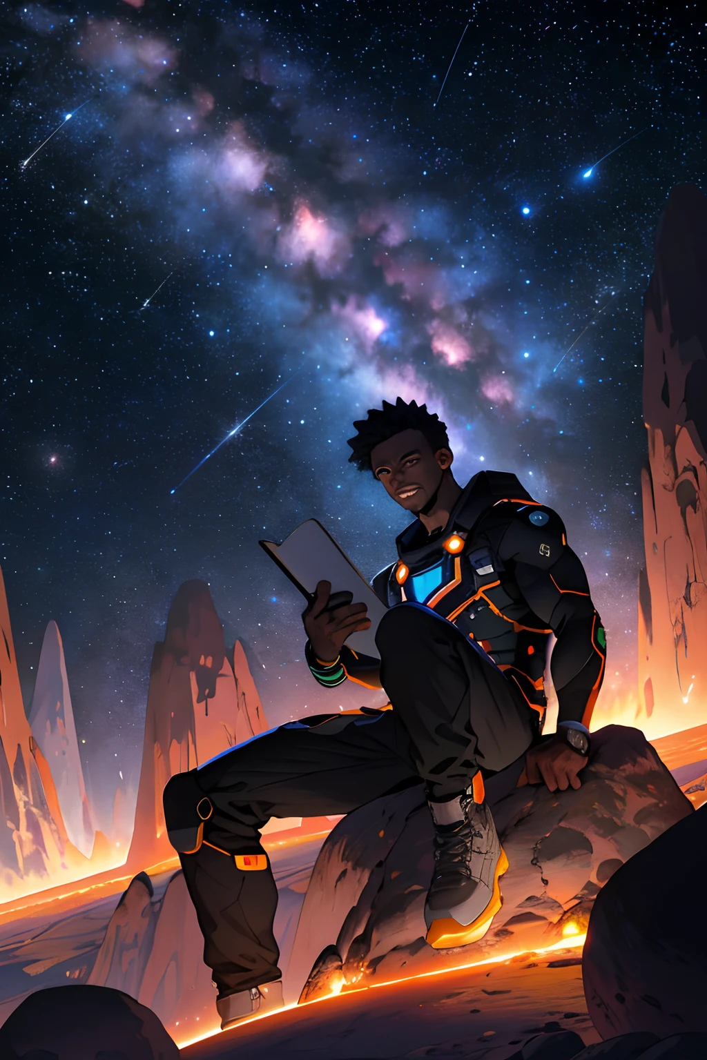 Draw a young African sitting on a research platform floating in the middle of an asteroid belt. He is studying with a Notebook, surrounded by several asteroids glowing with auras of fire, Astrophotography, The dramatic illumination of distant stars and planets illuminates the scene, casting deep shadows on the suit. The young man seems confident and determined, looking at the vast and mysterious universe with admiration and respect, cowboy shot, neon, masterpiece, best quality, ultra-realistic 8k