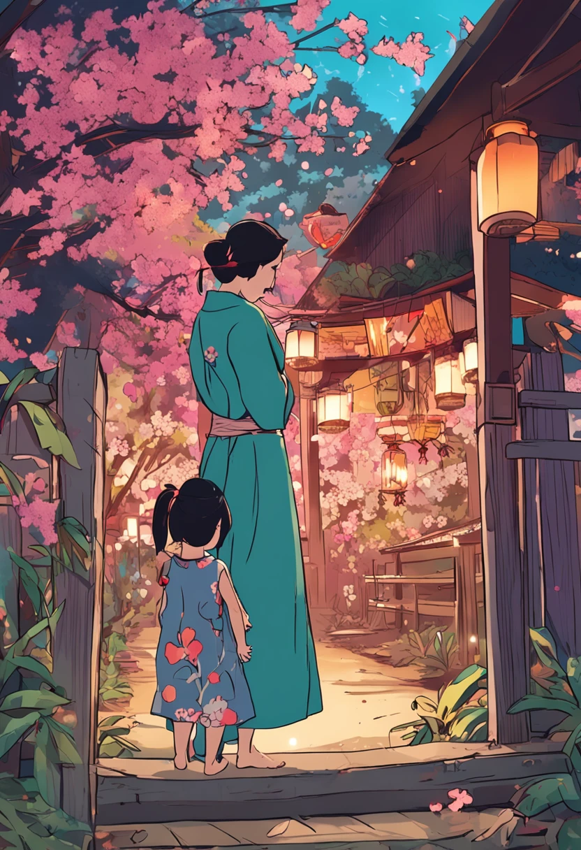 Tanabata Romantic atmosphere Cowherd and weaver girl meet on the bridge，Flowers around