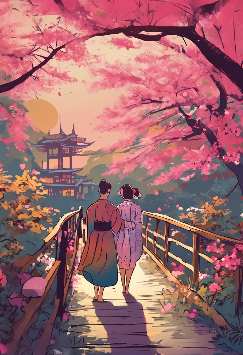Tanabata Romantic atmosphere Cowherd and weaver girl meet on the bridge，Flowers around