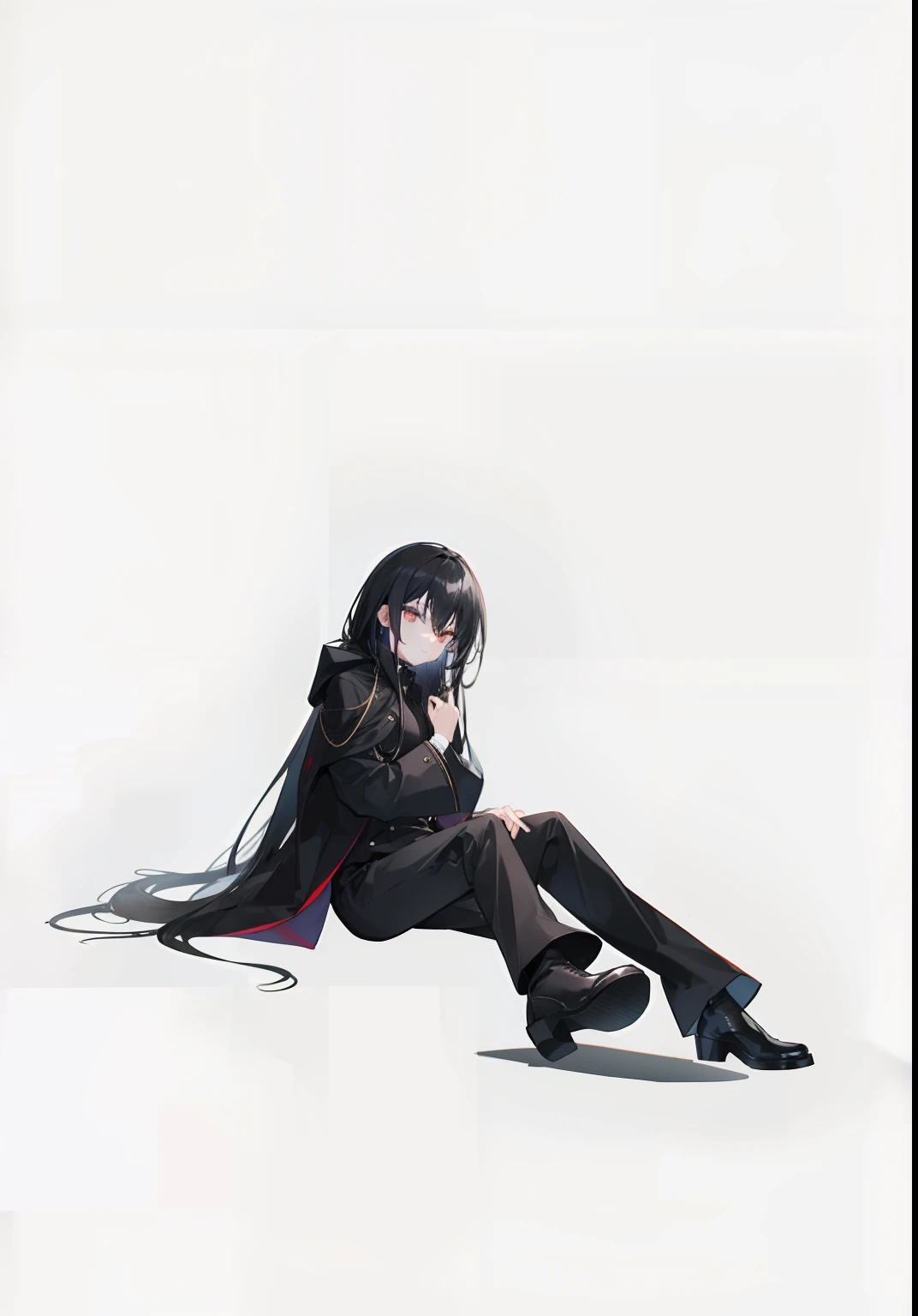 Long hair shawl,Black boots,a black trench coat,In black suit,black long pants,Side-sitting posture,Slender legs。