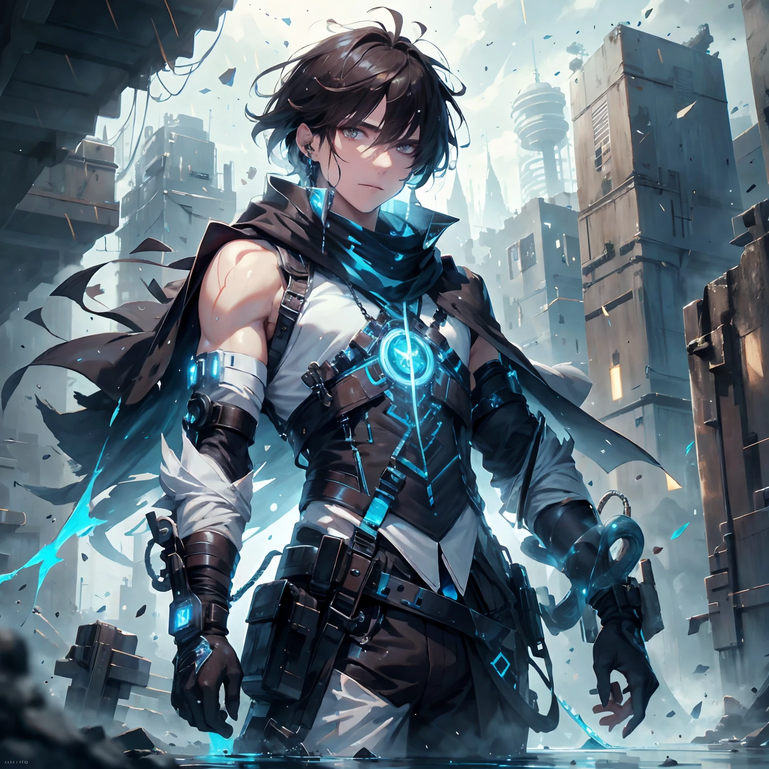 (absurdres, highres, ultra detailed), masterpiece, best quality, real light and shadow, solo, full body,a boy with dark brown hair, sleeveless outfits, blue, handsome, bipedal, full pants, water, water power, mist, water hands,mist hands, soak, blue clothes, buff, finely eye, detailed face, detailed eye, scarf, white coat, white clothes, arm braces, futuristic technology, from below, look down, futuristic earpiece,futuristic city, soak background, rain, swirl, spark, superhero landing shot, BREAK, dark brown eyes