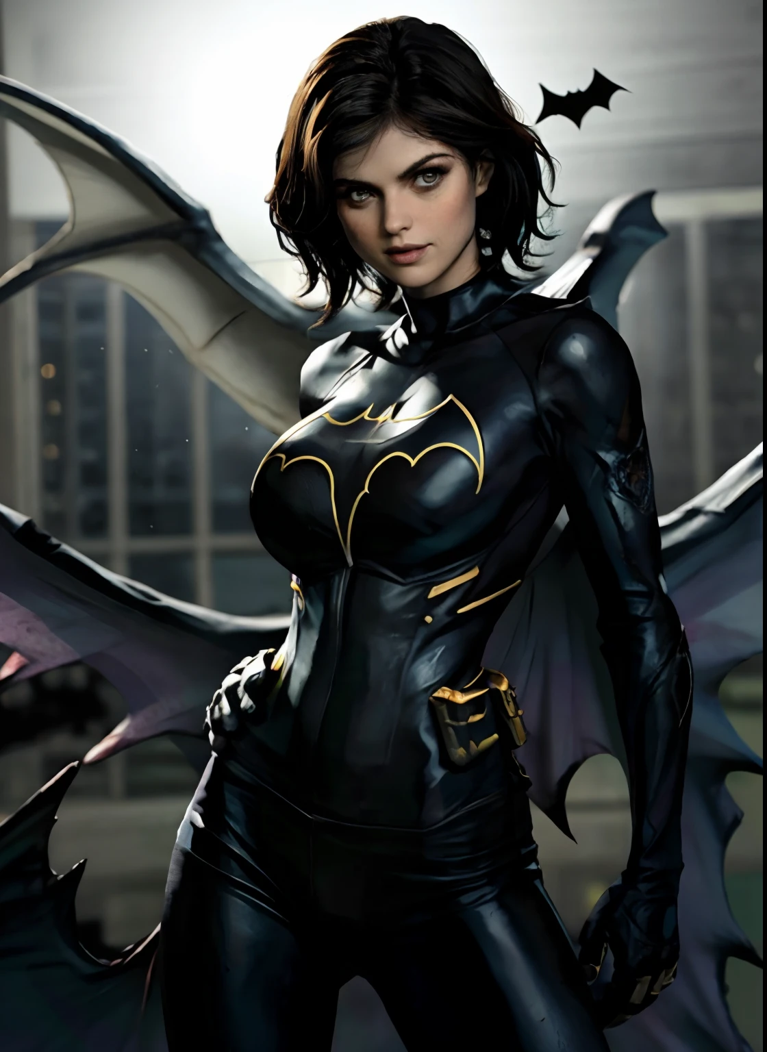 (obra-prima, melhor qualidade), 1girl, solo, Alexandra Daddario, batgirl terno, cabelo preto, olhos castanhos, sorriso, ((seios muito gigantes)), bat wing, voando com a capa aberta
akihabara, dos mortos, noite, de cima, Standing roof, centro de jogos,