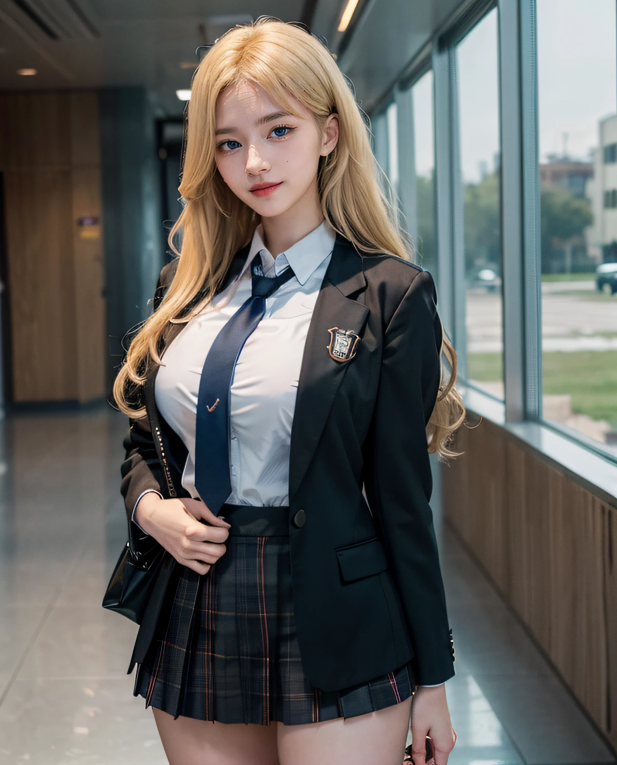 1girl, (Blue Eyes), smiling, (Sana Minatozaki), wide hips, Big Boobs, big ass, (Best Quality, 8k, Masterpiece: 1.3), Clear Focus: 1.2, Perfect Body Beauty: 1.4 , Slender Abs: 1.2, Highly detailed face and skin texture, detailed eyes, double eyelids, (blonde long hair), (Blazer uniform brown), (school shirt), (plaid skirt), (tie black), (thigh high cover stockings), (in the school corridors)
