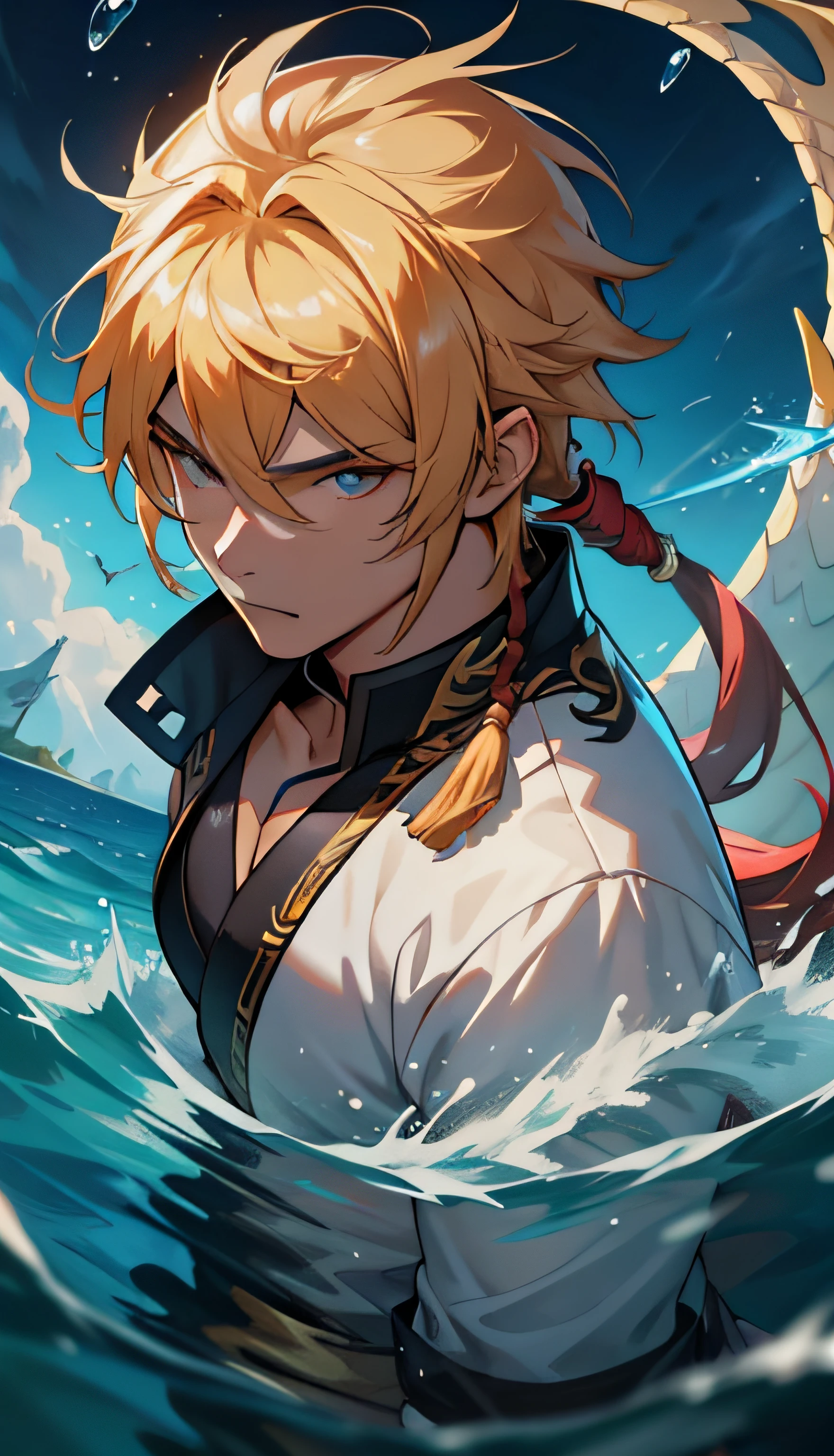 32K, Best quality, Masterpiece, Super detail,Anime characters with swords and dragons in the water, heise jinyao, by Yang J, G Liulian art style, hero 2 d fanart artsation, inspired by Yang Jin, zhongli from genshin impact, character splash art, bian lian, Official Splash Art, author:Qu Leilei, Inspired by Huang Shen,closeup cleavage,Close-up mirror,Domineering,Boy,Surrounded by water dragons and splash effects,The left eye has a blue light effect