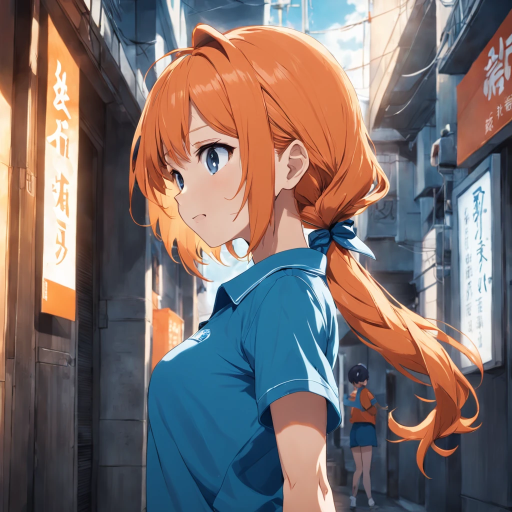 masuter piece, 独奏, Turn around、facing back、Beautiful woman looking back、Blue polo shirt, Beautiful girl with a refreshing smile, Orange polo shirt, Beautiful sunlight, Fine expression, dynamic ungle, Beautuful Women, Background in the city, Stand up straight,animesque、Hands raised、Pose wiping the wall、Pose polishing the wall