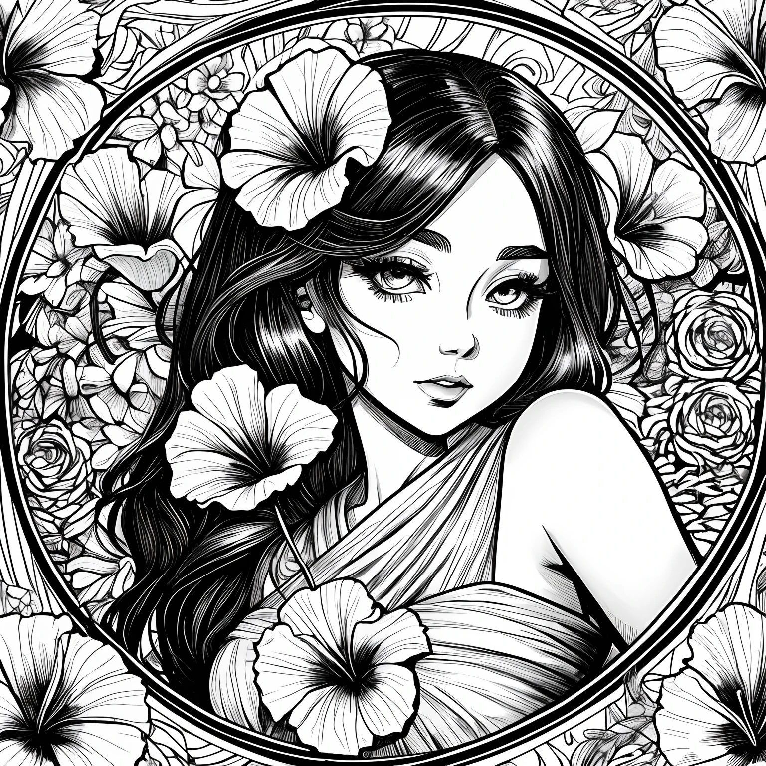 Black and white stick figure 1 girl with hibiscus flower in background, in dress with flowers, its fine ink line art, comic style, portrait of ploynesian girl, Marilyn Munroe, Hollywood glam, beautiful line art, black and white comic style, manga style, manga art style, pencil and ink caricature drawing, black and white coloring --auto --s2