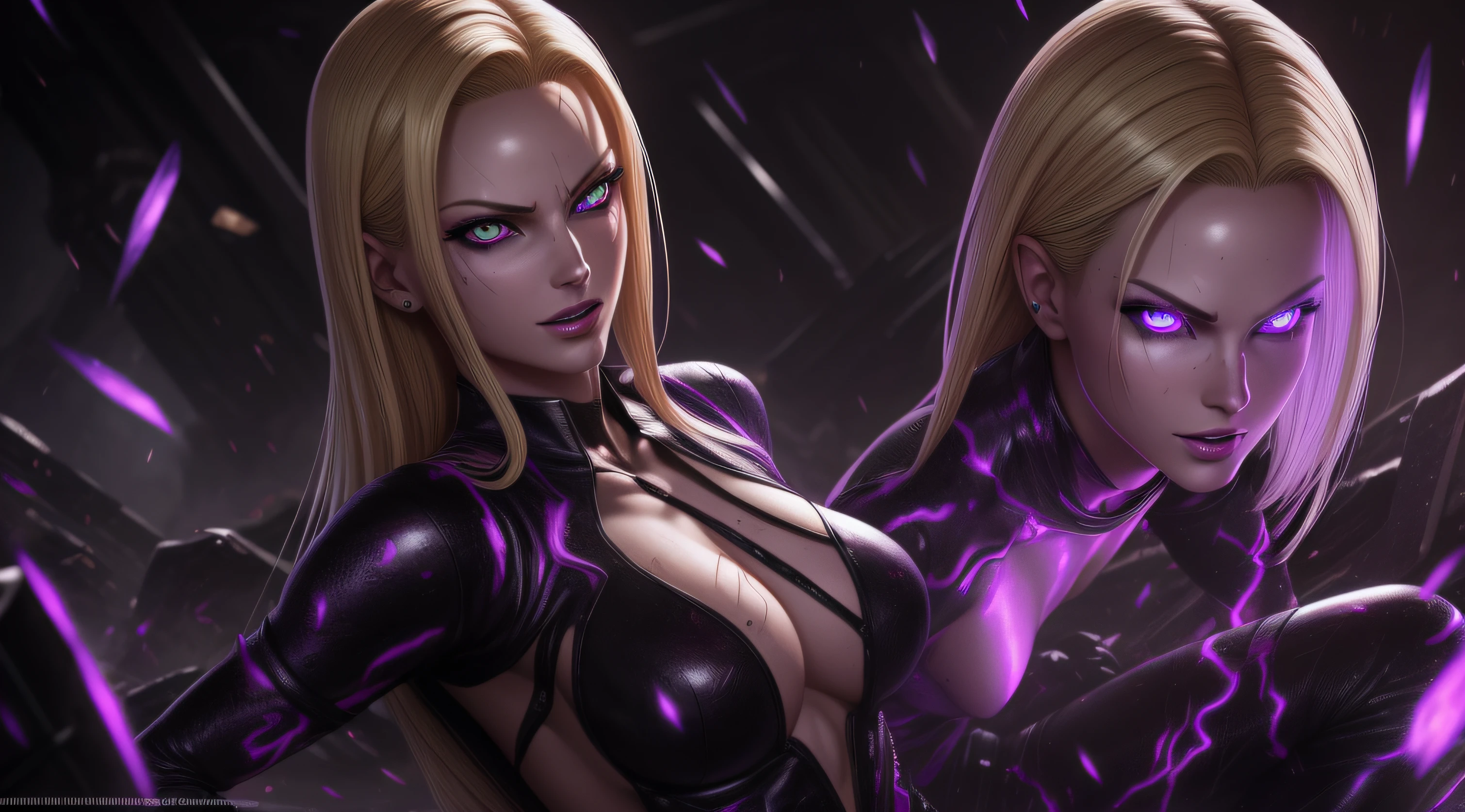 sexy android 18, Glow, seductive, glowing purple eyes , sexy , (ultra photorealistic:1.3), (masterpiece:1.4), best quality, ((realistic)), high quality, ultra detailed, ((real image)), ((realistic skin)), ((realistic face)),(illustration:1.05), (beautiful:1.05), (beautiful detailed eyes:1.05), (cinematic light:1.1), Extremely realistic , evil , wet ,corrupted , black veins ,parasites , dark energy , swarm, hive , grin , sadistic