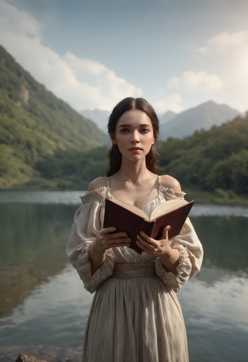 Arafed woman standing in water holding open book in front of mountains, dramatic reading spell book pose, unreal engine render + uma deusa, realistic fantasy rendering, foto de retrato de pintura fosca, fotografia de fantasia realista, standing in a lake, 3D render e pintura fosca, unreal 5 motor highlly renderizar, daily render, cinematic lighthing, estilo fantasia 8 k octane render