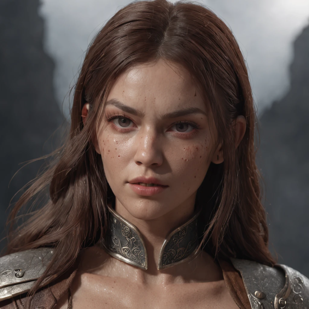 Best quality, masterpiece, ultra high res, (photorealistic: 1.4), xiuxian, weapon, detailed face, 1girl, solo, weapon, cleavage, (magic circle: 1.2), xiuxian, upper body, full body. Create an image depicting Lagertha in the midst of a fierce battle, showcasing her incredible prowess and fearlessness as a warrior.