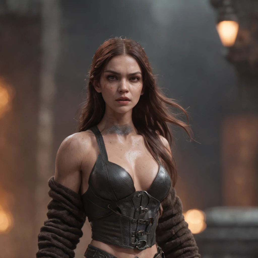(professional 3d render:1.3) af (Realistic:1.3) most beautiful artwork photo in the world，Features soft and shiny woman heroes, ((Epic hero fantasy muscle woman rough wet hero angry look long hair short beard and ferocious expression in dynamic pose, Fantastic location, Majestic cluttered environment)), full body 8k unity render, action  shot, skin pore, very dark lighting, heavyshading, Detailed, Detailed face, (vibrant, photograph realistic, Realistic, Dramatic, Dark, Sharp focus, 8K), (Old leather garments damaged by weathering:1.4), ((((Wear fur)))), (Intricate:1.4), decadent, (Highly detailed:1.4), Digital painting, rendering by octane, art  stations, concept-art, smooth, Sharp focus, illustration, Art germ, (loish:0.23), wlop ilya kuvshinov, and greg rutkowski and alphonse mucha gracias, (Global illumination, Studio light, volumettic light), heavy rain, particles floating, lotr, fantasy, elf, full bodyesbian, ((Dark and ancient city background:1.3)),CGSesociety,art  stations