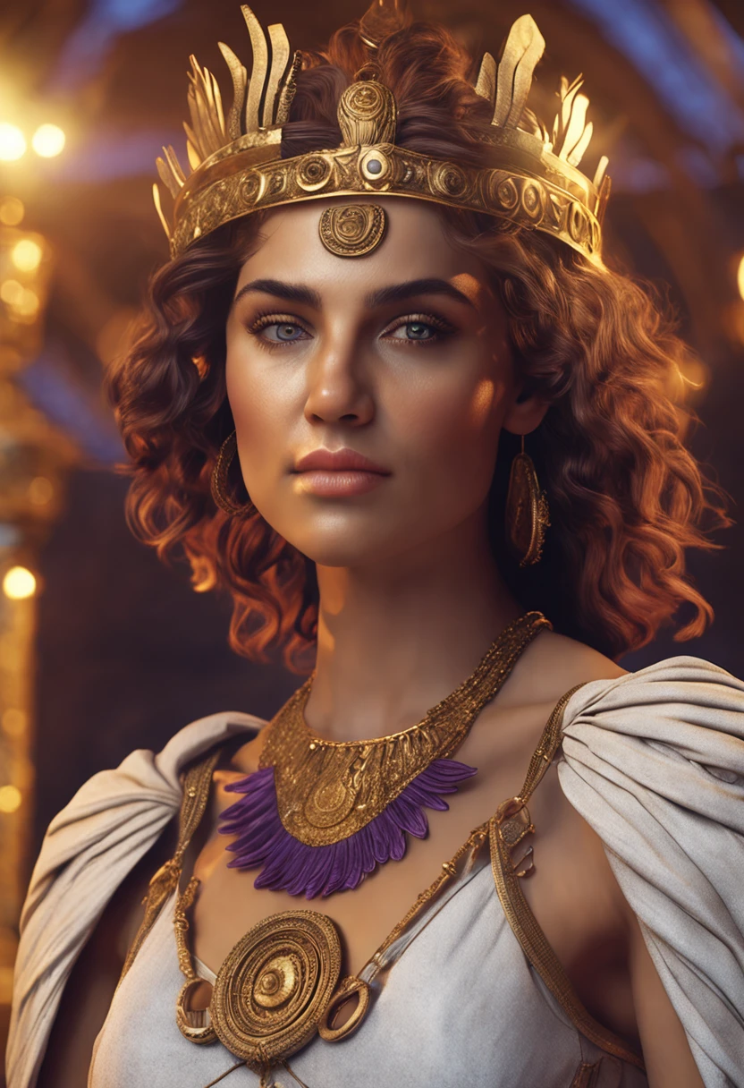 (Portrait of the beautiful goddess Athena dressed in ancient Greek white), (Short purple curly hair: 1.2), greene eyes, Perfect ???????, s the perfect face, Gaze at the camera, gold earring, golden necklace, ultra - detailed, intricately details, Perfect lighting (Complex background, greek myth), Ancient Greek theme, volumetr, vibration, rays of sunshine, sexyposture, full bodyesbian