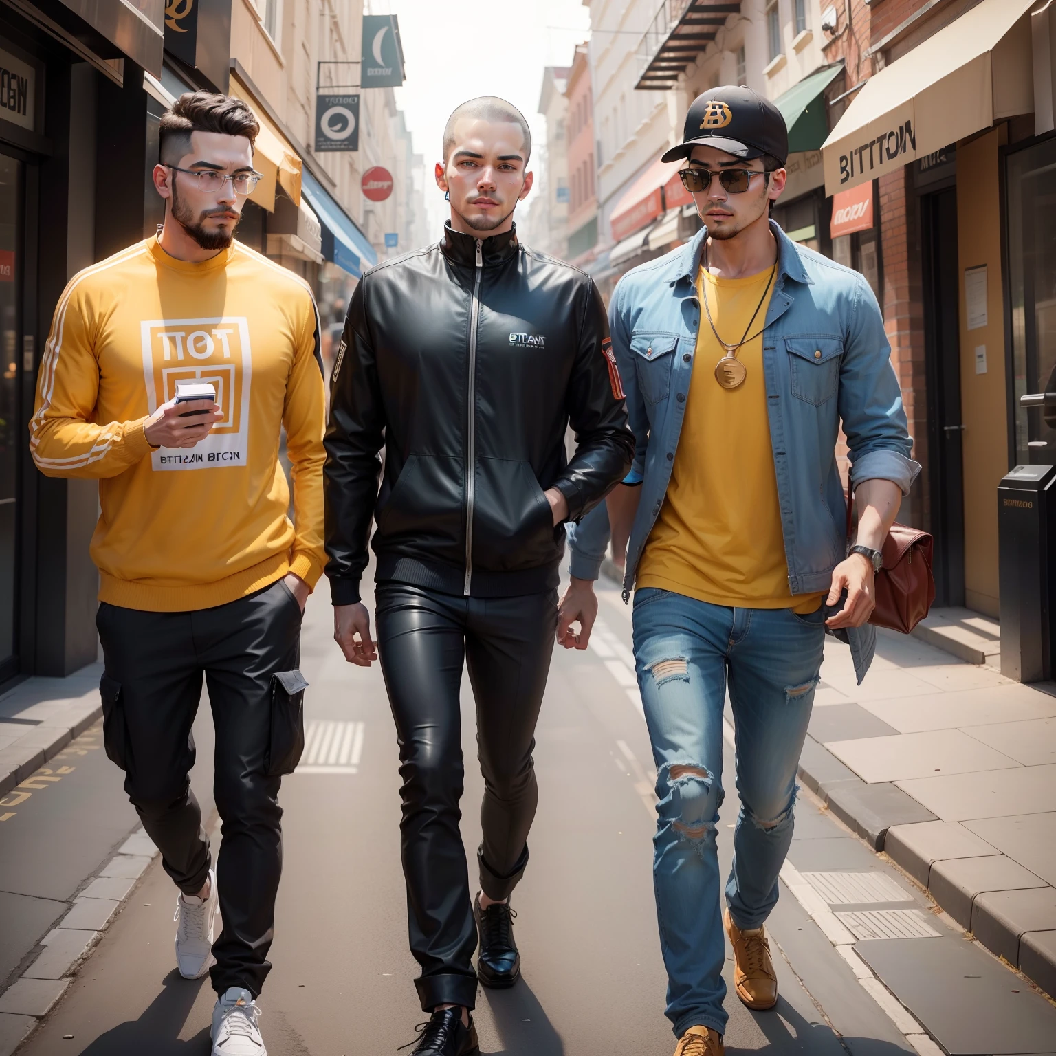 Three cool boys are setting on the chair , they are in furutrestic dress , and bike showroom is back of three cool and handsome boy, realistic hd cyberpunk style ultra realistic