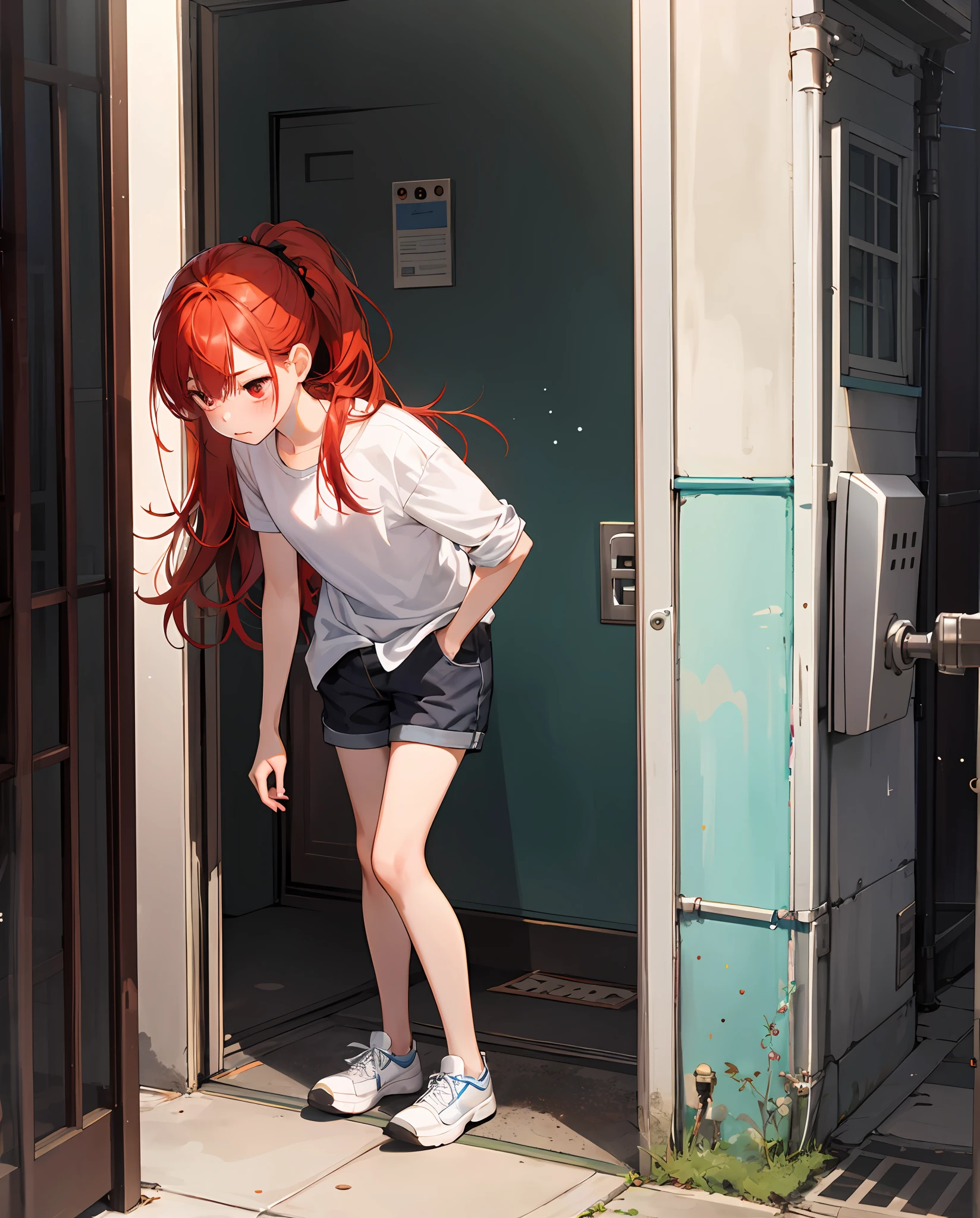 Peeing、A girl goes to the toilet、Look away、It's standing、embarrassed from、Blushing、Red hair and red eyes、Keep your mouth shut、A street(The girl is peeing):0.4)、Liquid in the crotch