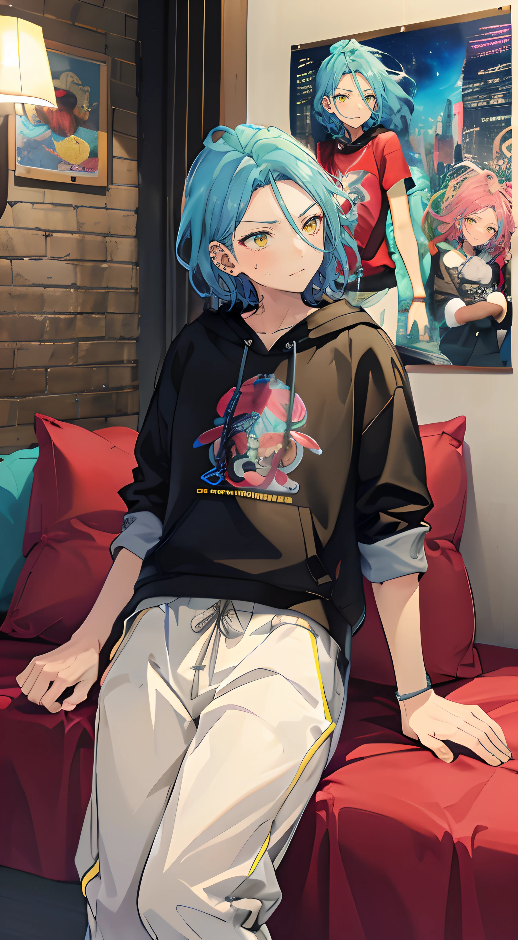 himeru, blue hair, yellow eyes, beste-Qualit, 1boy, 独奏, Hot, grown up, hair light, piercing eyes, the perfect body, 25 years, Sexual, winning, sitting, Window, stained glass windows, View from the window, night city, neon lights, the panorama, a starry sky, galactic, motley, Full color, феерверк, Sofa, Playful, living room, Cosy, cheery, posters, pillows, blankets, lava lamp, a table, chair, cozy atmosphere, bright colours, soft pastels, Flowers, Plants, Books, novels, plushies, Statuettes, posters, PICTURES, posters, wall scrolls, Stickers, Ornaments, bed, blankets, pillows, warm blankets, comfortable clothes, casual wear, leisure wear, hoody, sweatpants, briefs, tshirt, t shirt, ankle socks, Sneakers, curvy legs, cyan and white clothing