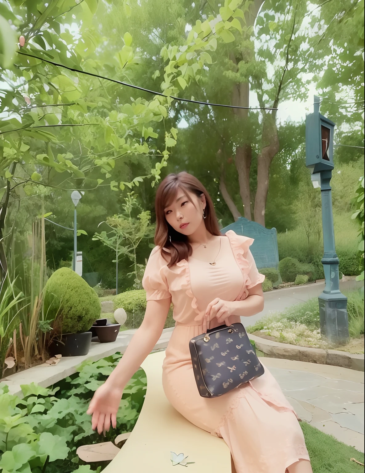 a woman sitting on a bench in a garden with a purse, profile pic, fanart, very very low quality picture, profile picture, profile image, photoshoot, beutifull, vibrant aesthetic, photo shoot, pastel', lady kima, dang my linh, peach and goma style, smooth in _ the background, mixed art