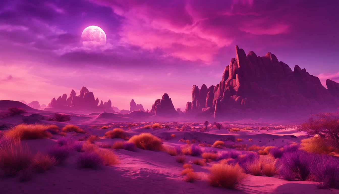 Fantasy scenery purple sky, Sunset, (oasis in the desert)